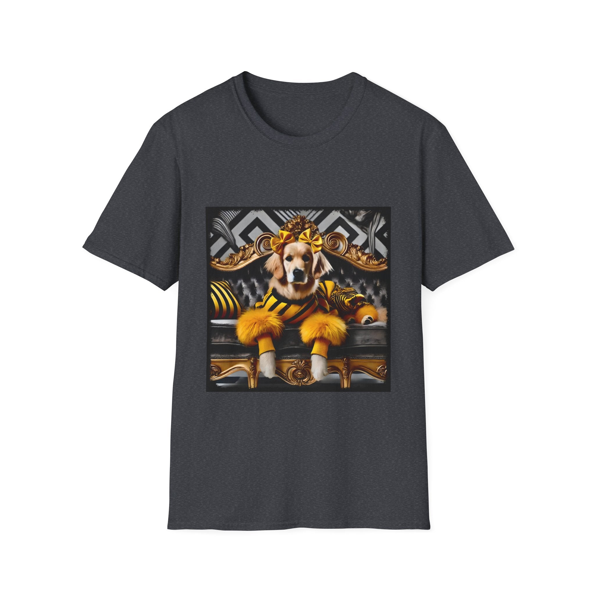 Dark heather dog t-shirt with golden retriever in yellow-black outfit on gold settee, black and white art deco backdrop.