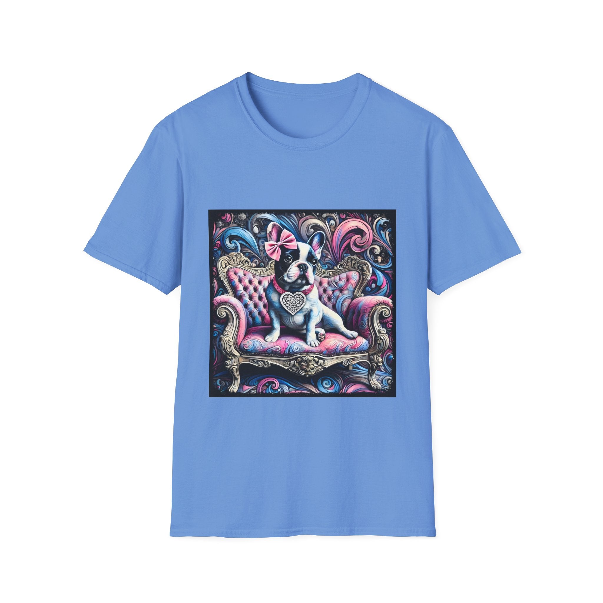 Carolina blue dog t-shirt featuring a black and white French Bulldog with a pink bow, seated on a tufted pink and gold settee against a swirling blue, pink, and purple expressionist-style background.