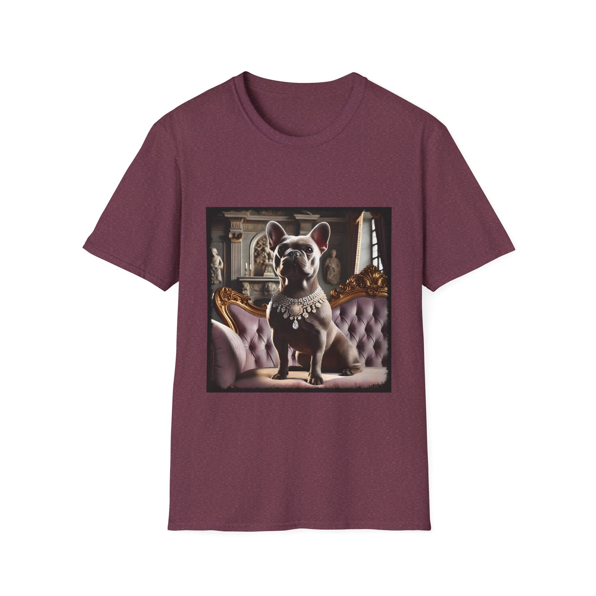 Heather maroon dog t-shirt featuring gray French Bulldog in jeweled necklace on tufted settee with grand palace-style background.