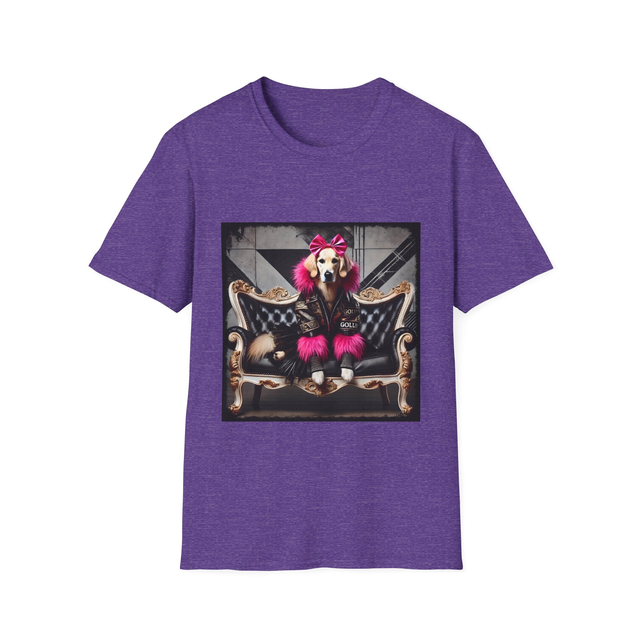 Heather purple dog t-shirt featuring golden retriever with pink bow and fur outfit on black settee in edgy backdrop.