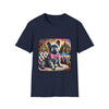 Navy Blue dog t-shirt featuring a black French Bulldog in pink bow on ornate settee, with vivid castle and swirl background.