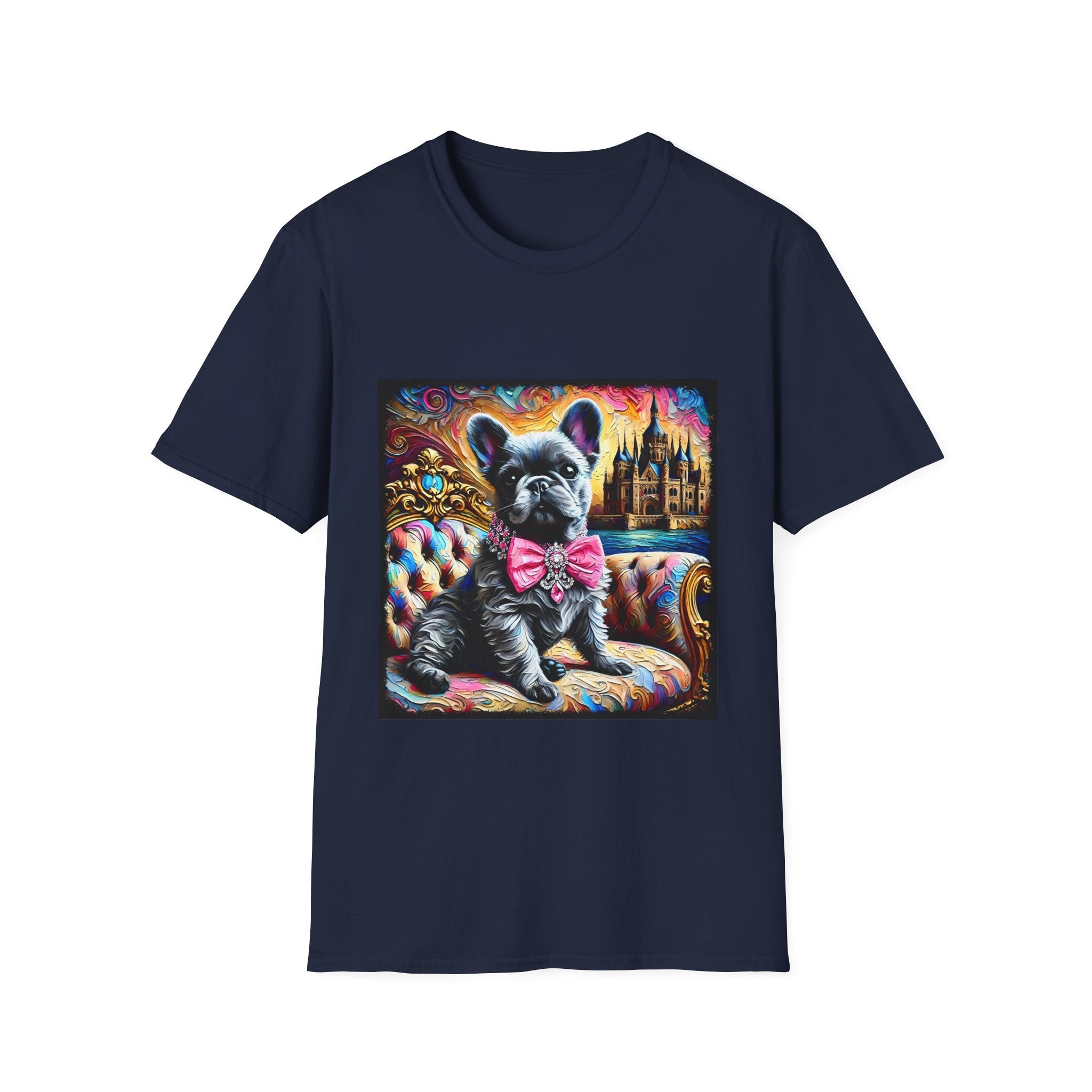 Navy Blue dog t-shirt featuring a black French Bulldog in pink bow on ornate settee, with vivid castle and swirl background.