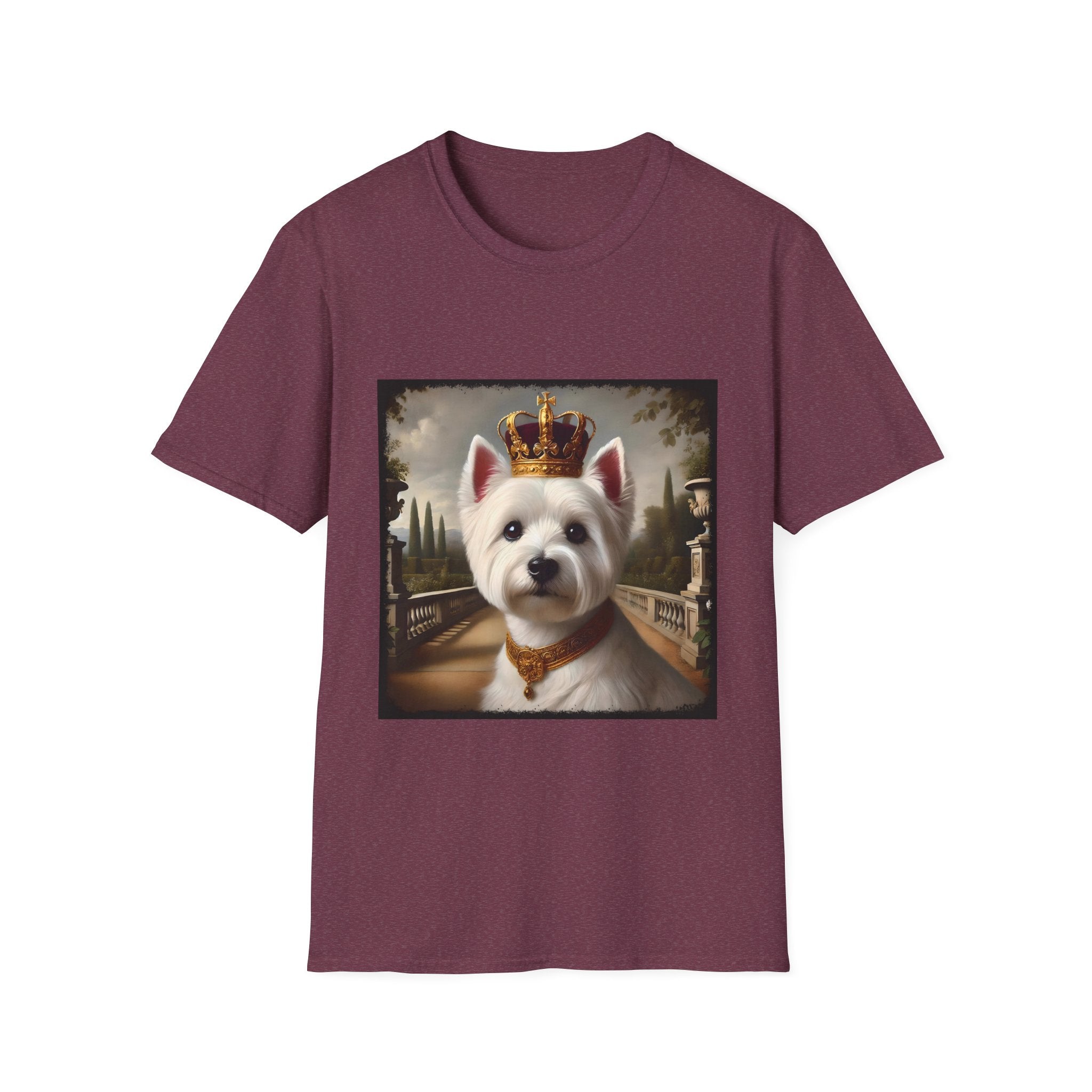 Heather maroon dog t-shirt featuring regal Westie in gold crown and collar on palace terrace background.