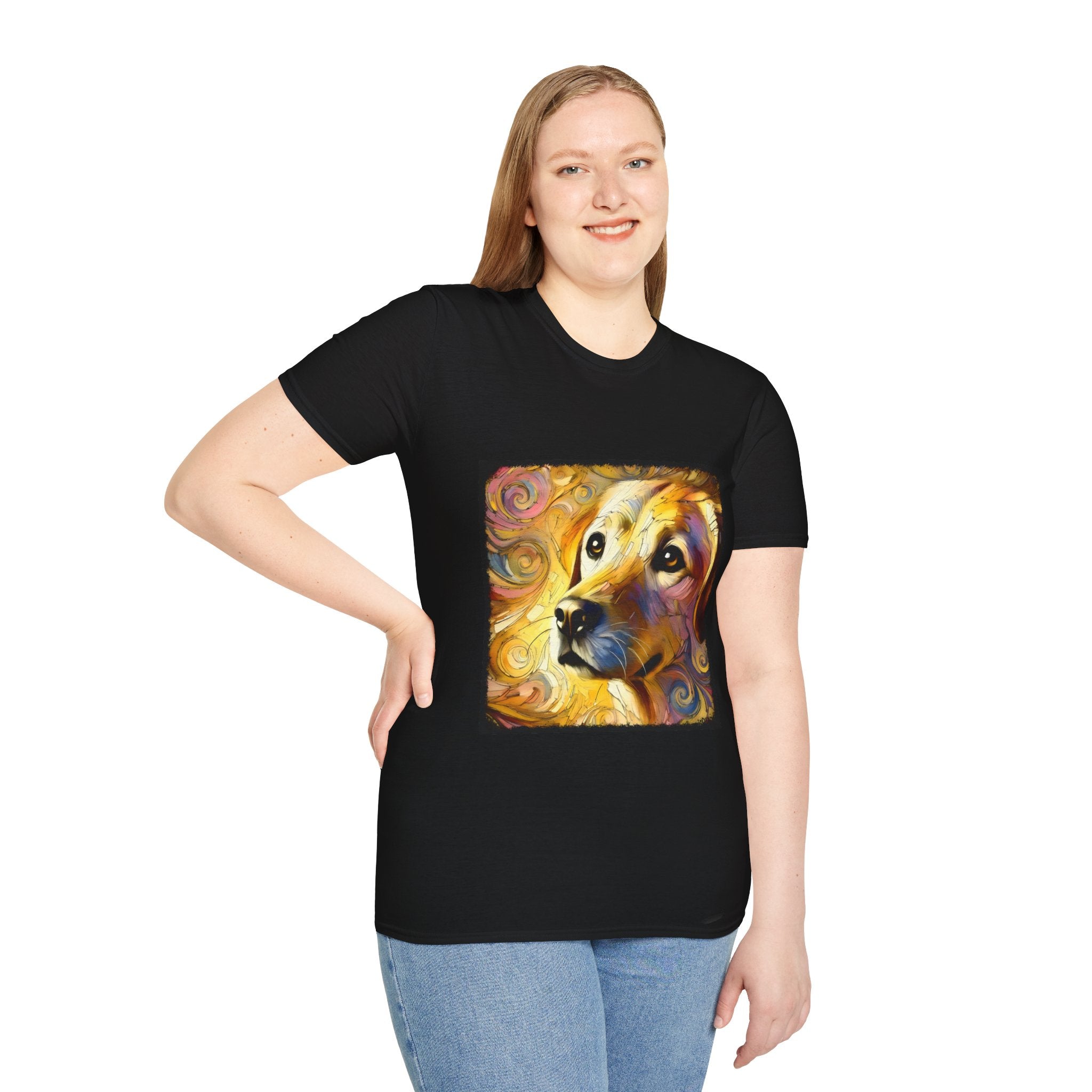 Female model wears black dog t-shirt featuring a golden retriever with swirling brushstroke-style yellow-orange background.