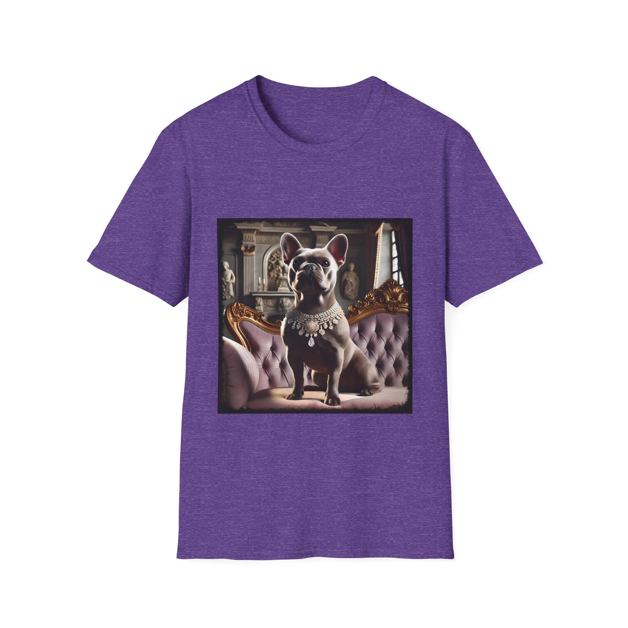 Heather purple dog t-shirt featuring gray French Bulldog in jeweled necklace on tufted settee with grand palace-style background.