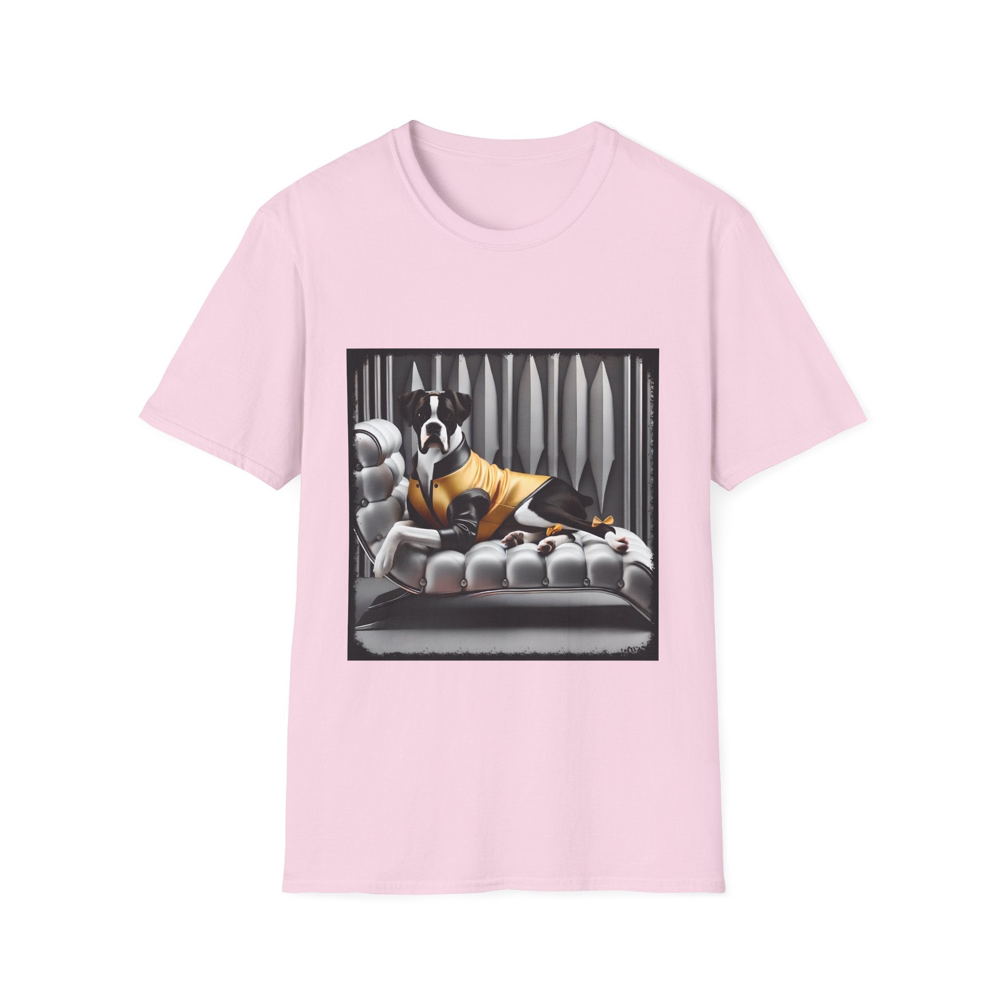 Light pink dog t-shirt featuring a black and white boxer lounging on silver tufted couch in yellow jacket with striped wall.