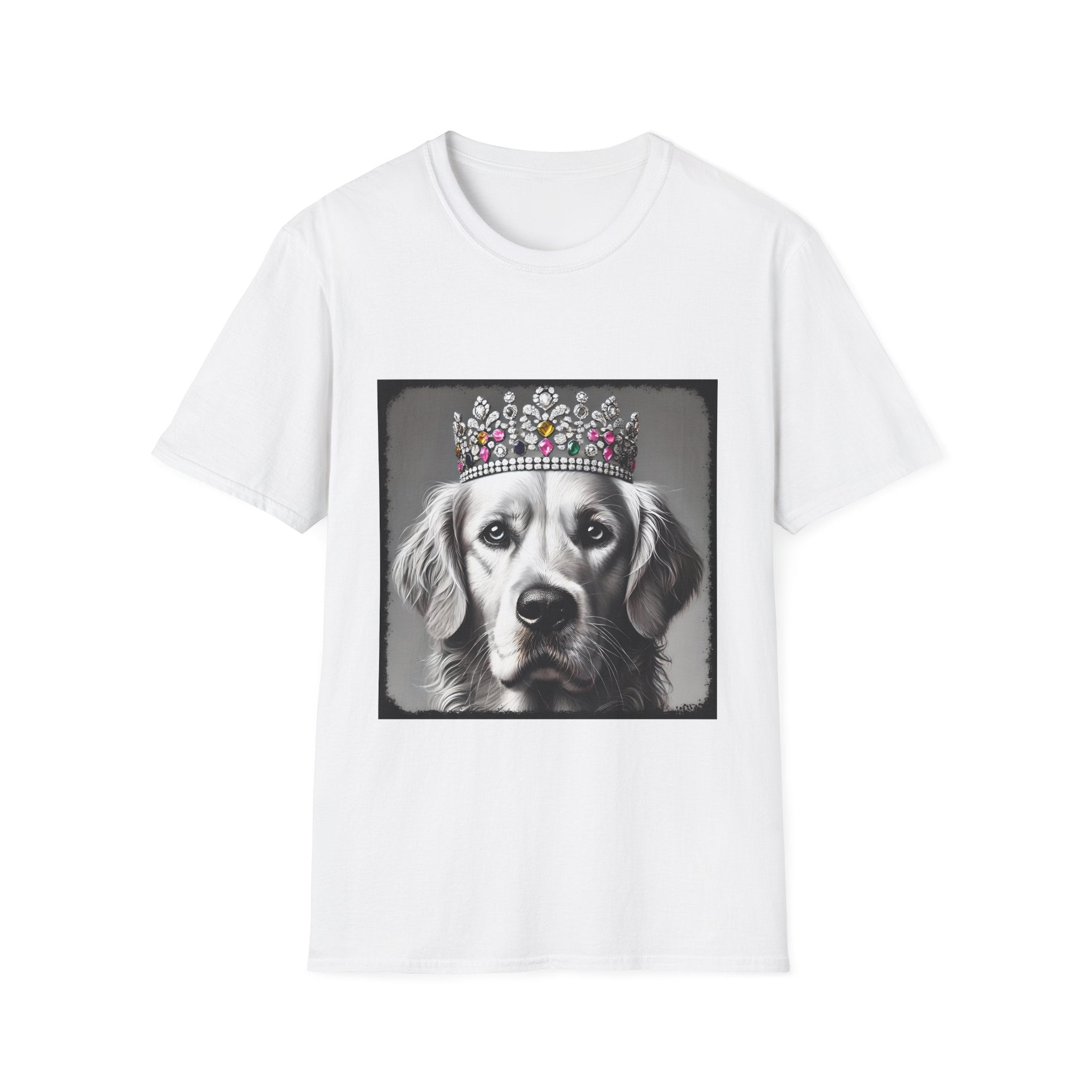 White dog t-shirt featuring a black-and-white princess Golden Retriever with jeweled crown on gray background.