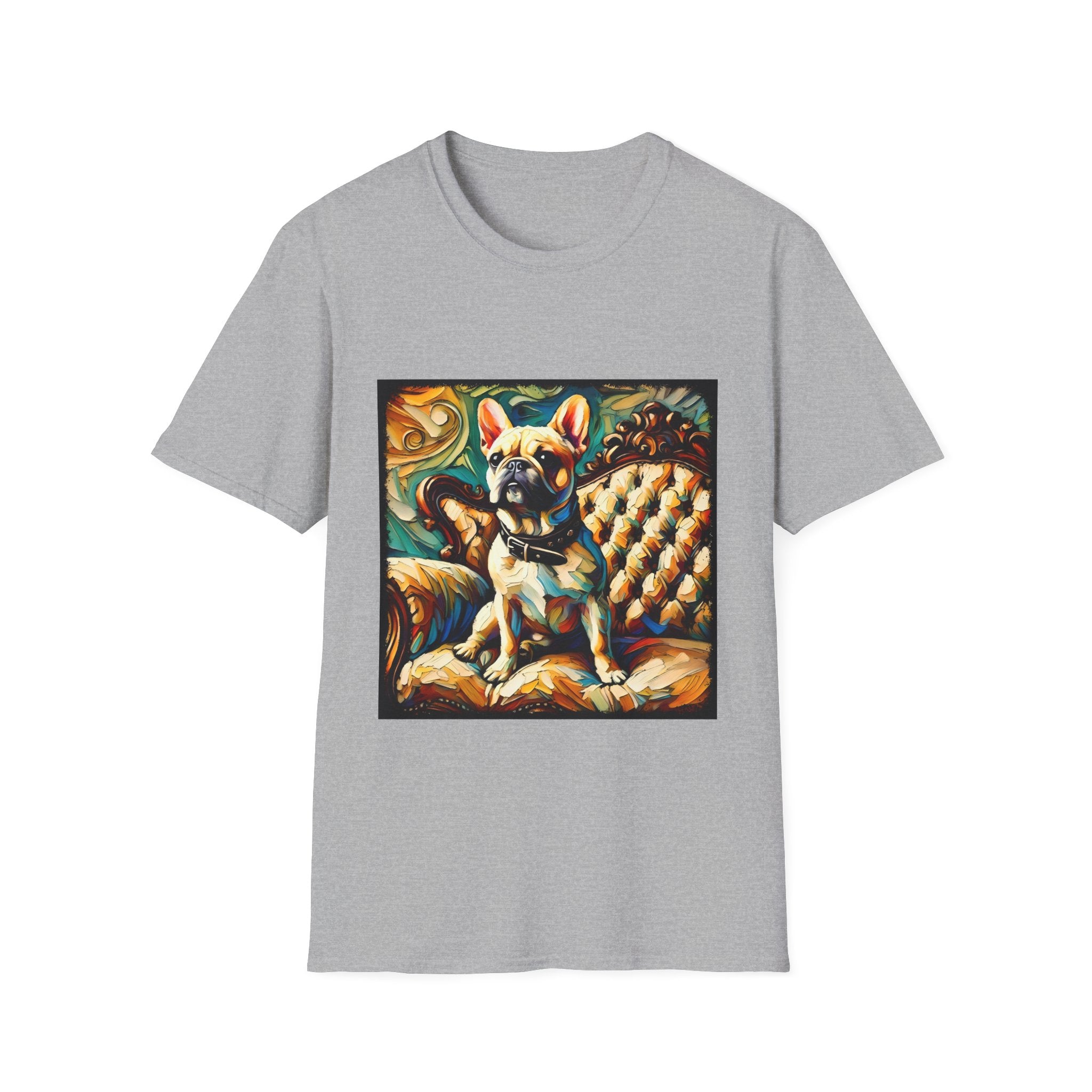 Sport gray dog t-shirt featuring fawn French Bulldog with collar on golden tufted settee and bold swirl backdrop.