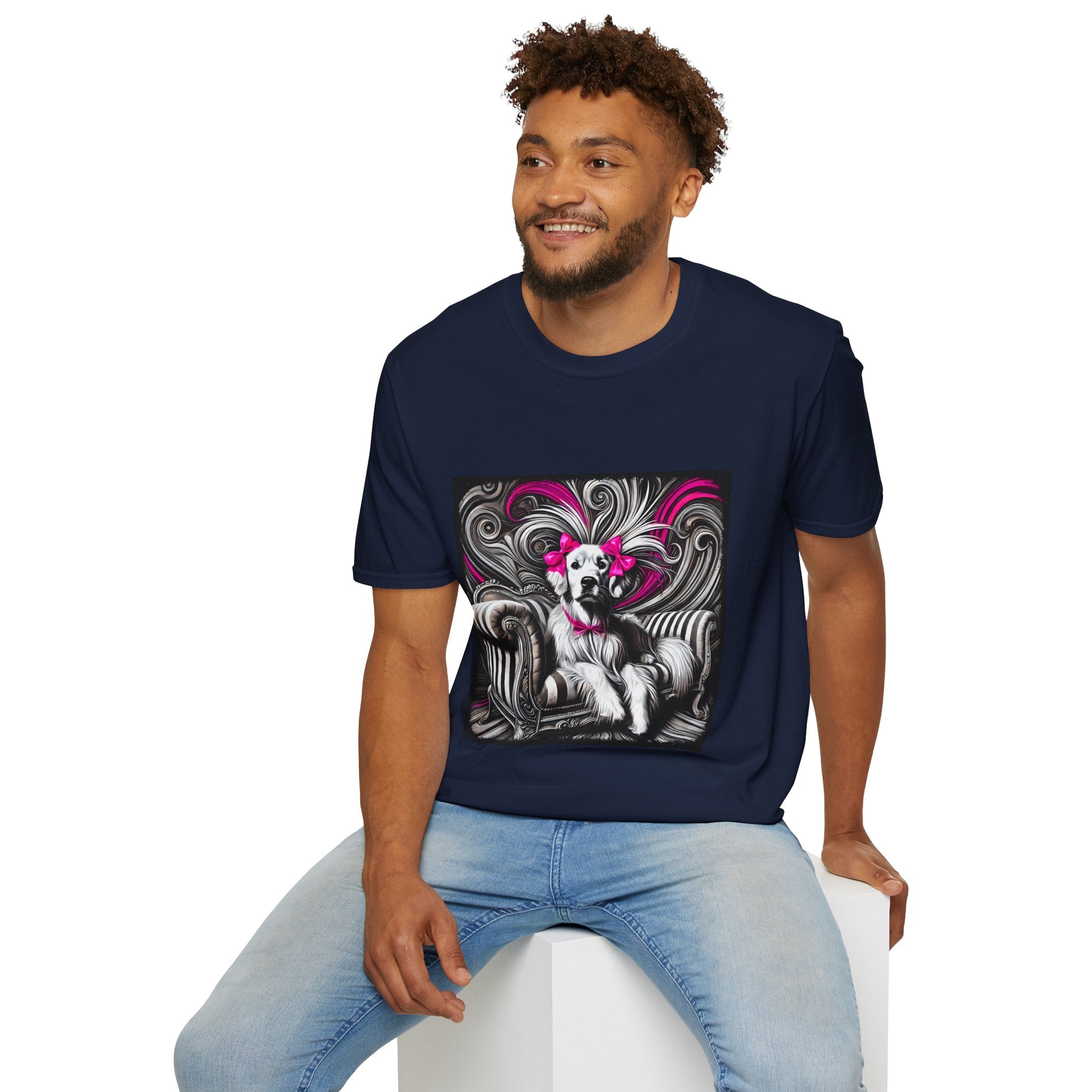 Male model in navy dog t-shirt featuring black-and-white art of retriever with pink bows and swirling accents.