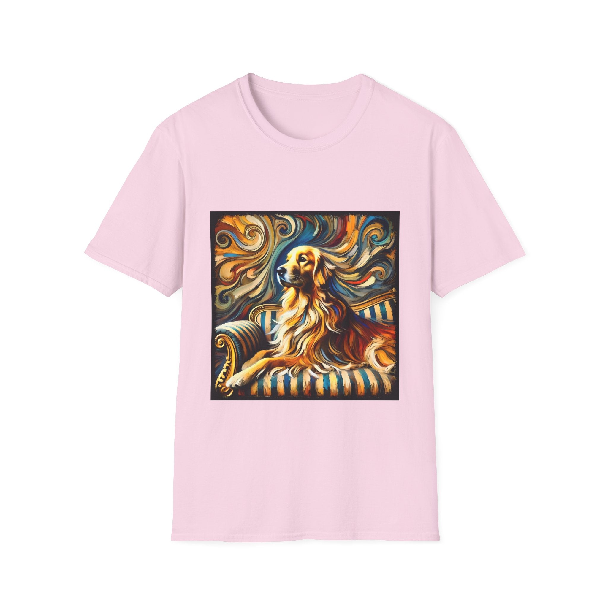 Light pink dog t-shirt featuring golden retriever on striped settee with swirling abstract background in golds.