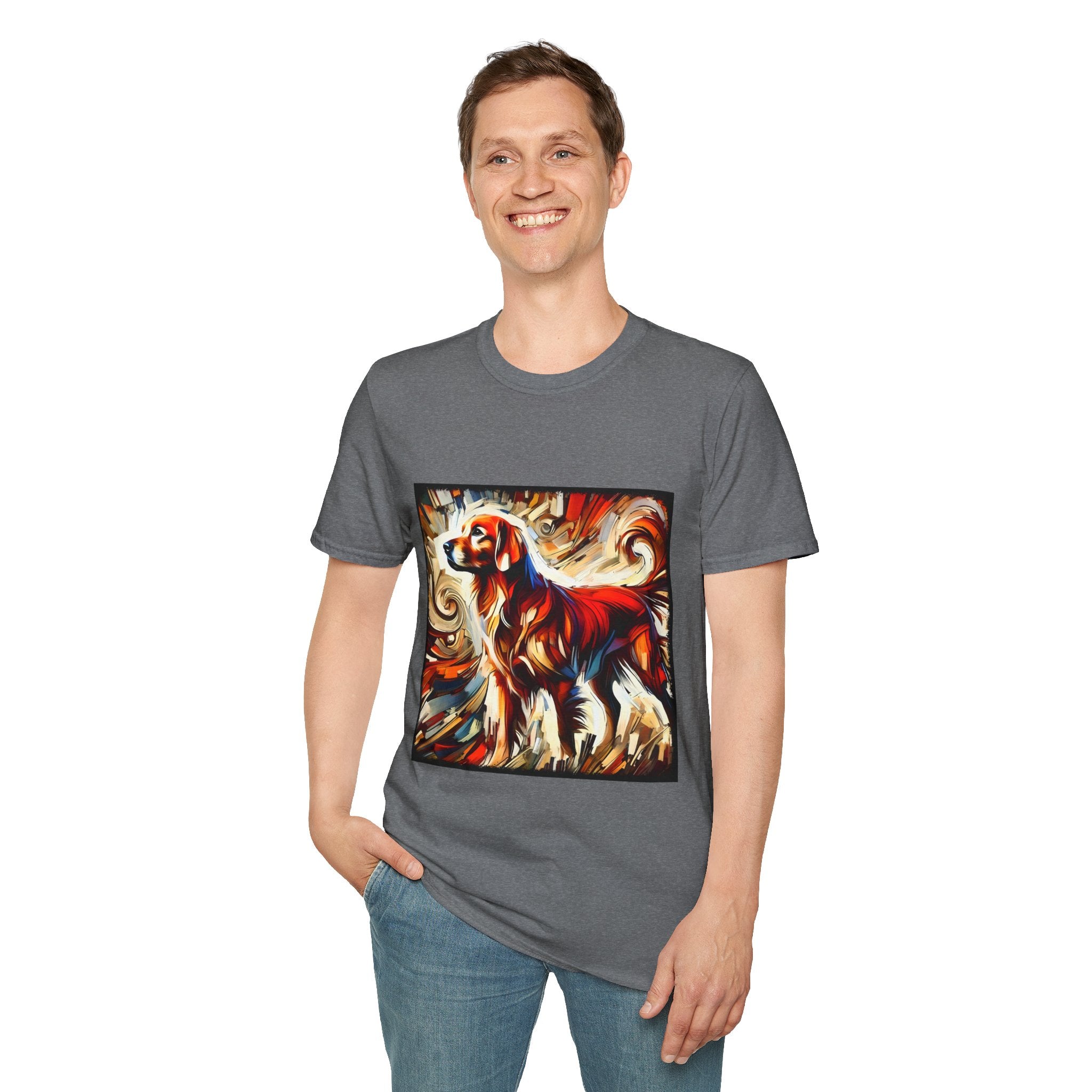 Man smiling in graphite heather dog t-shirt with golden retriever in red coat, abstract swirl background in bold warm tones.