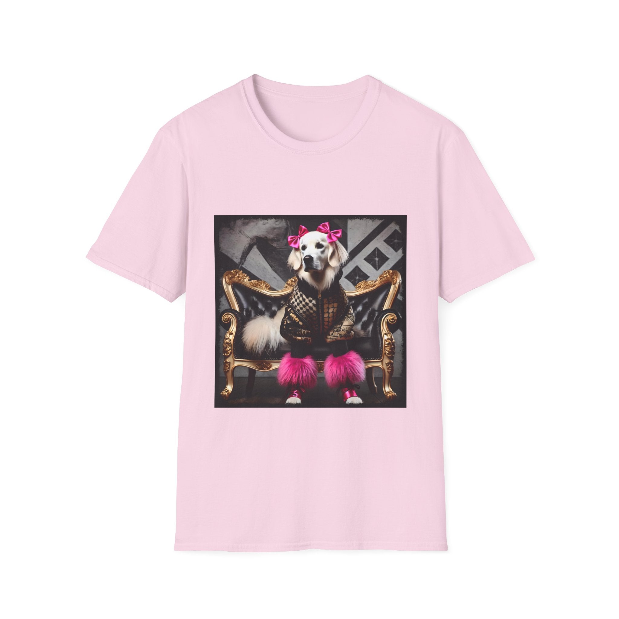 Light pink dog t-shirt featuring white dog in pink bows and boots on gold settee with edgy gray backdrop.