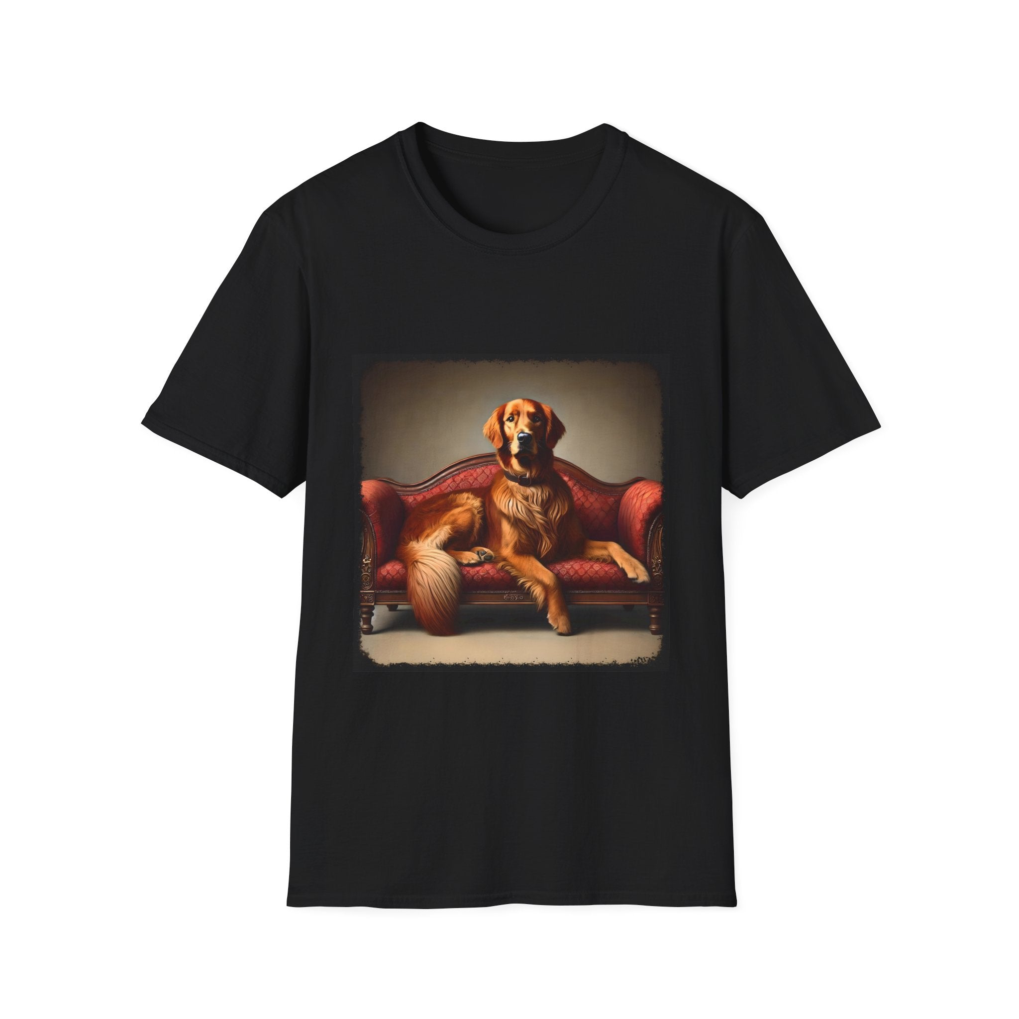 Black dog t-shirt with golden retriever lounging on vintage red settee with regal posture.