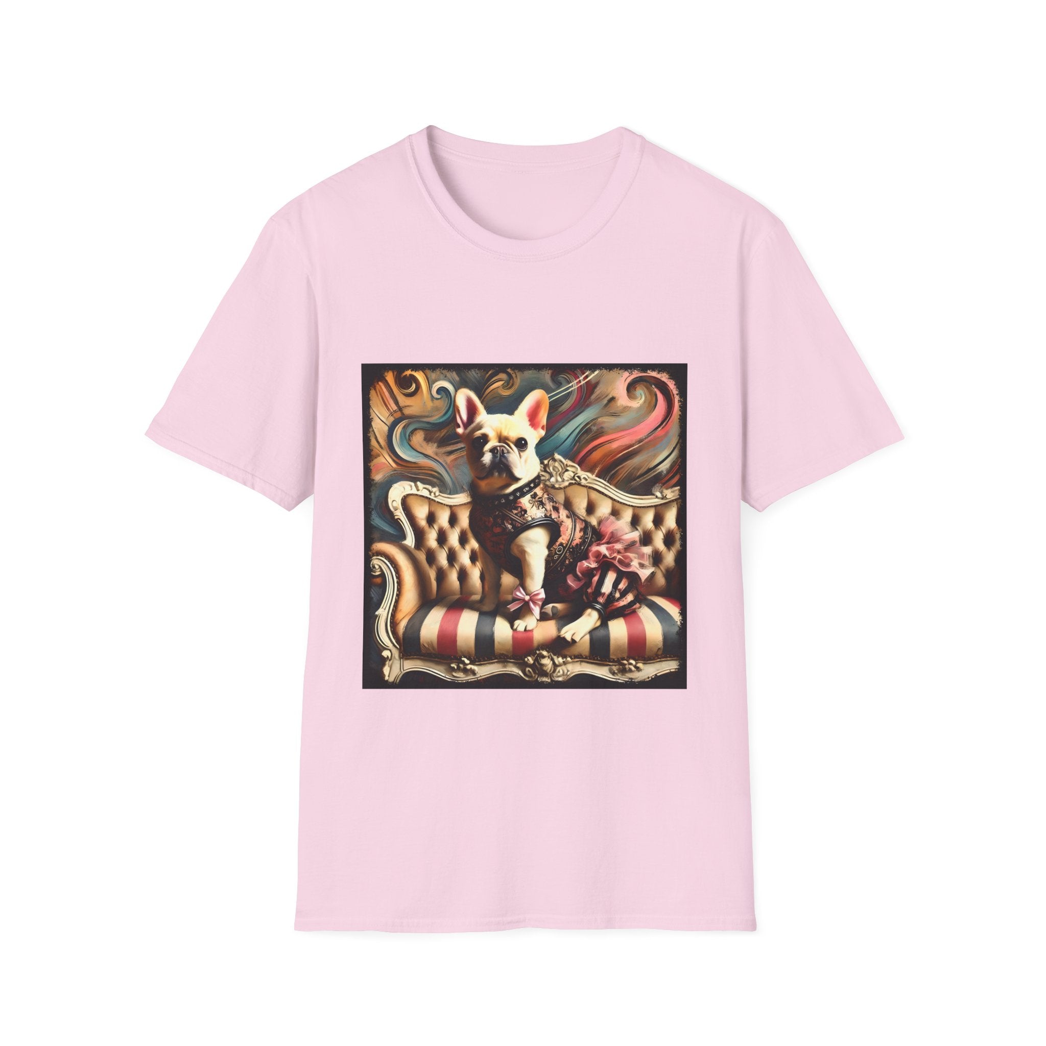 Light pink dog t-shirt featuring cream French Bulldog in floral vest and pink bow on striped settee with swirl background.
