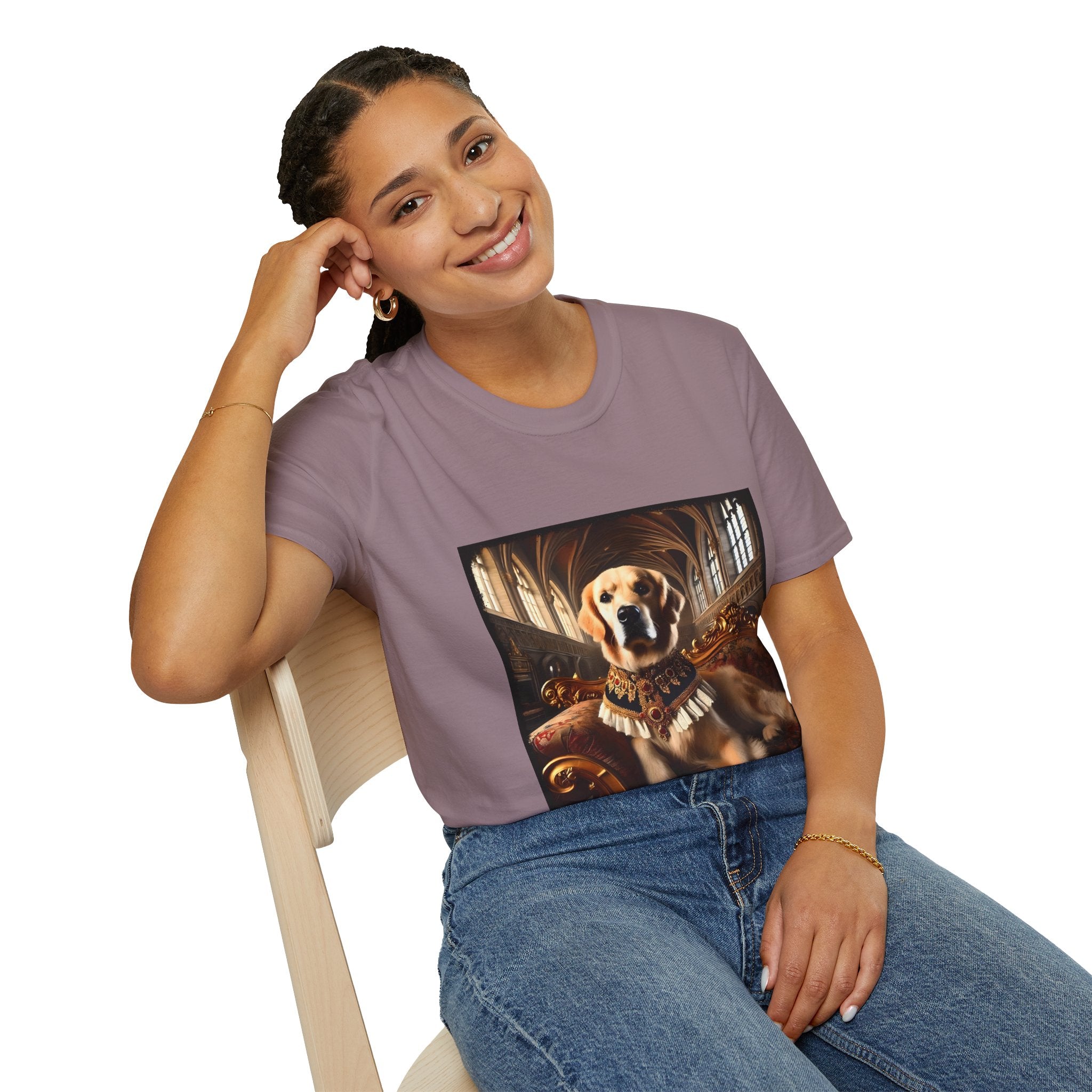 Female sitting in mauve dog t-shirt featuring golden retriever in royal collar on ornate settee in gothic hall.