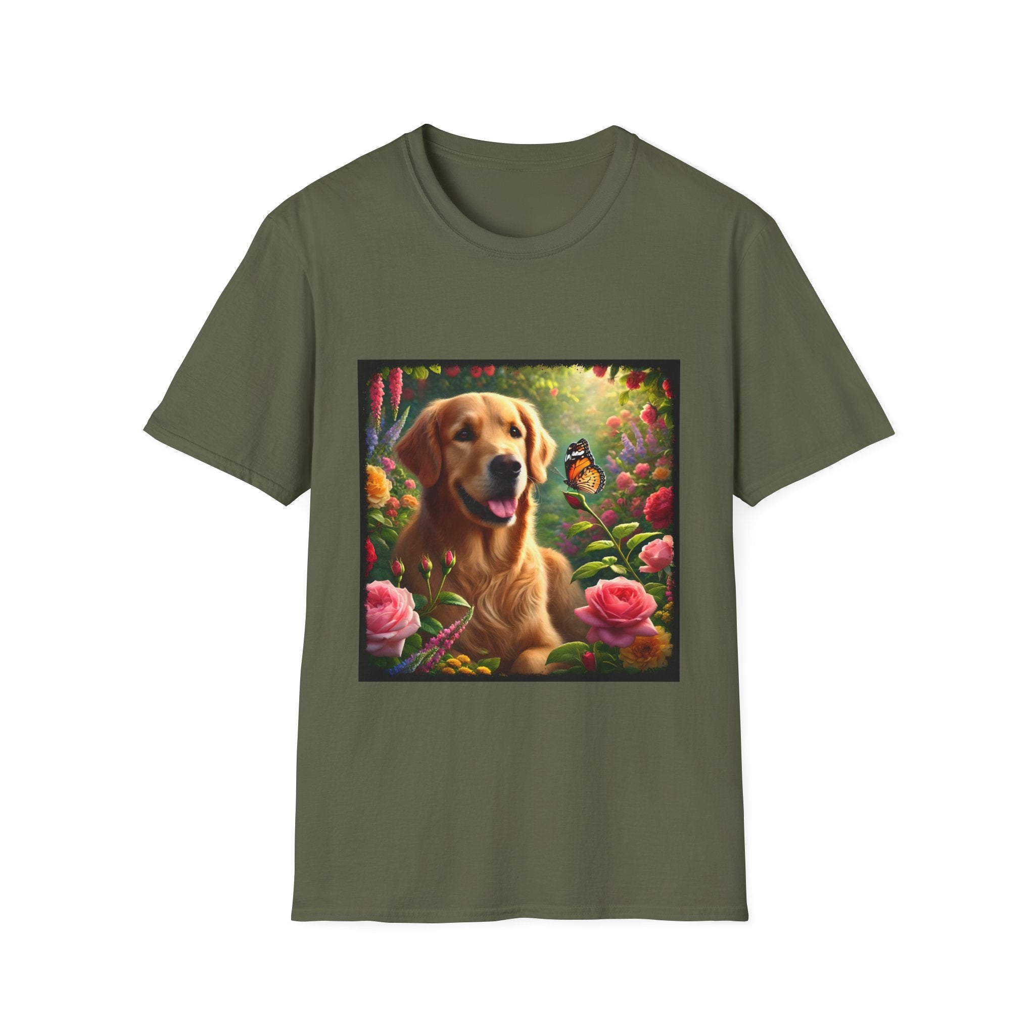 Military green dog t-shirt featuring a golden retriever in a vibrant garden with roses, wildflowers, and a butterfly.