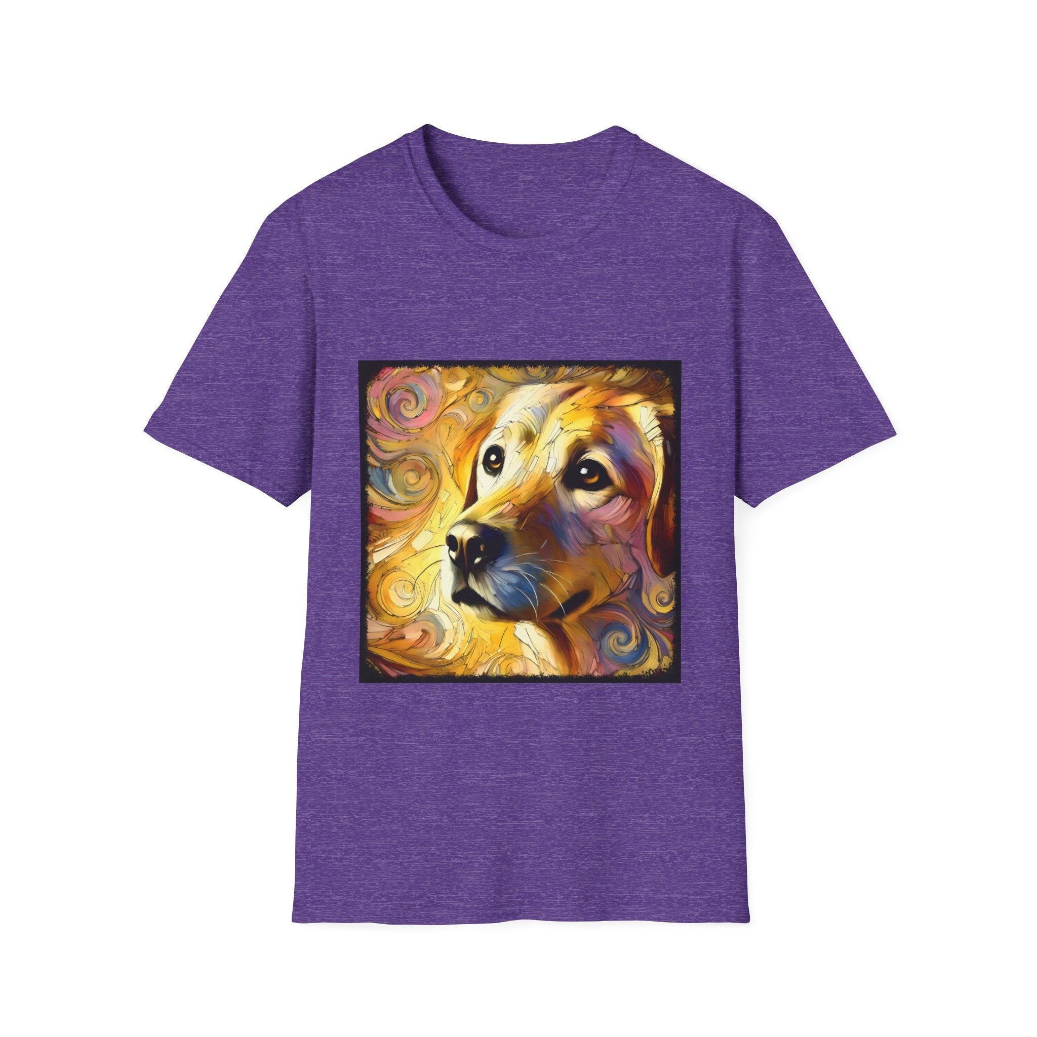 Heather purple dog t-shirt featuring a golden retriever with swirling brushstroke-style yellow-orange background.