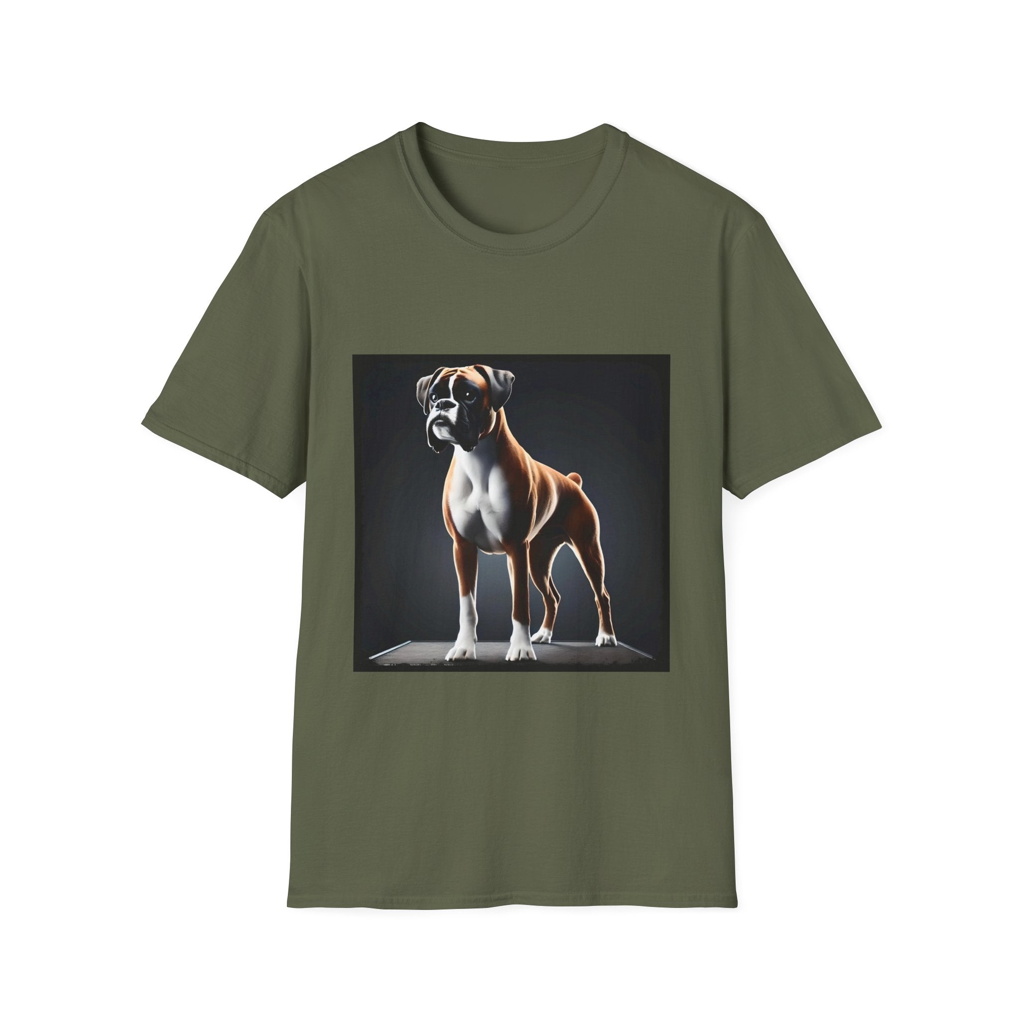Military green dog t-shirt featuring standing boxer on platform with black background and dramatic lighting.