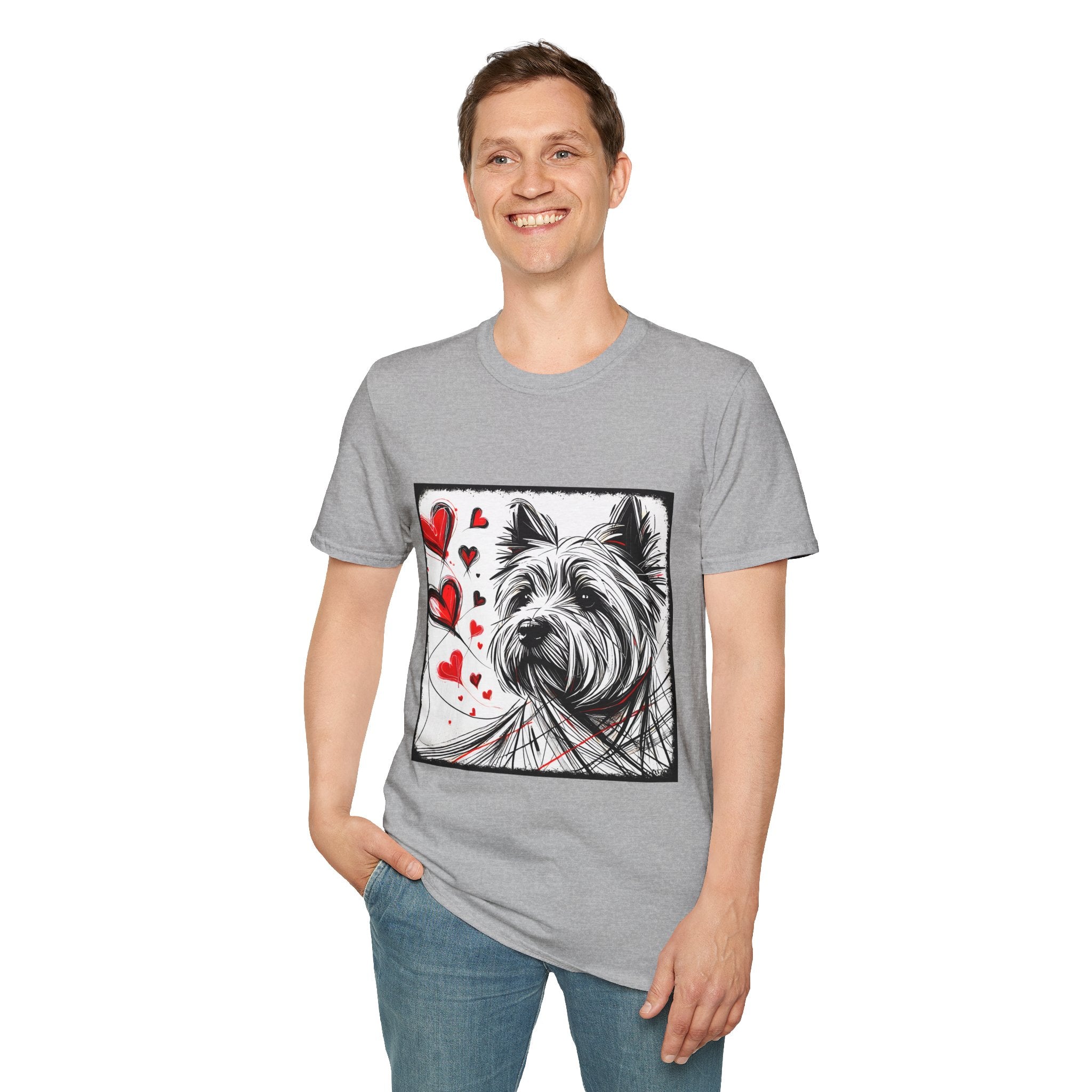 Male model in sport gray dog t-shirt featuring sketch-style Westie with red hearts and abstract black line accents.