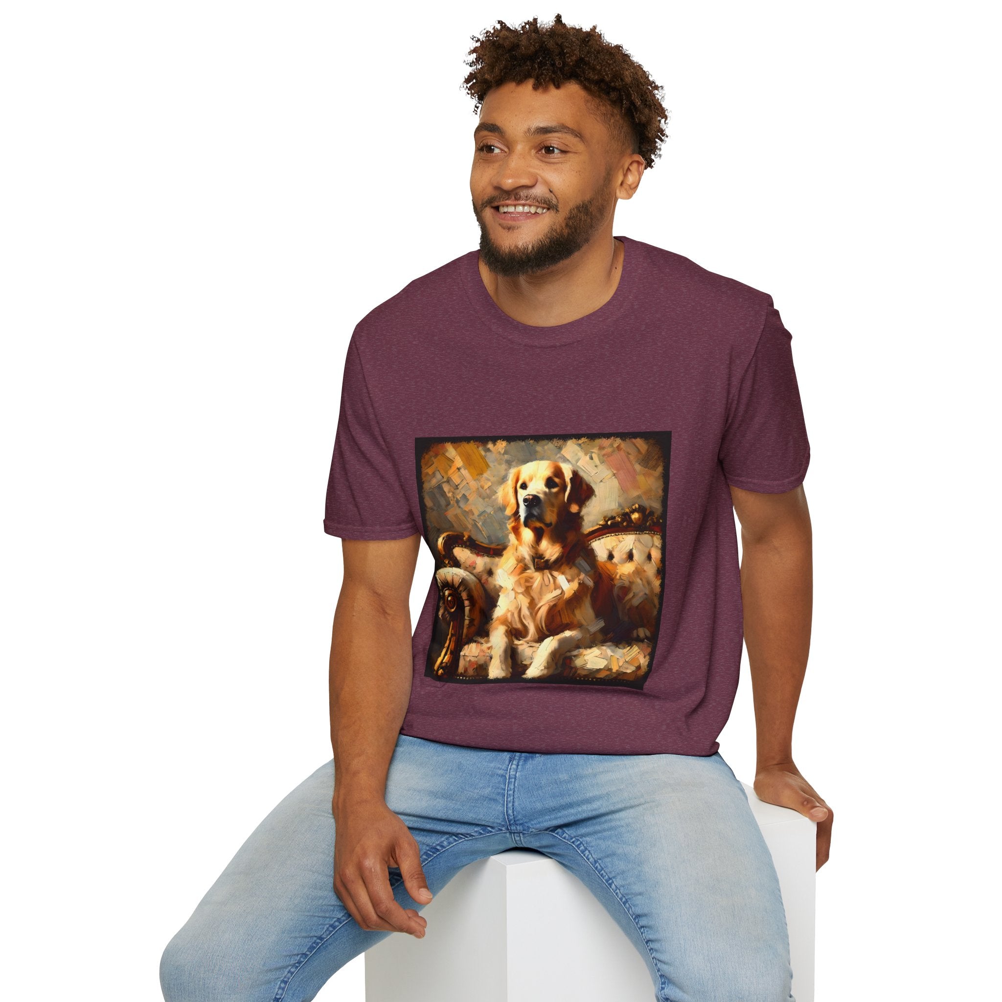 Male model in heather maroon dog t-shirt with golden retriever on ornate couch, painted in rich textured brushstrokes.