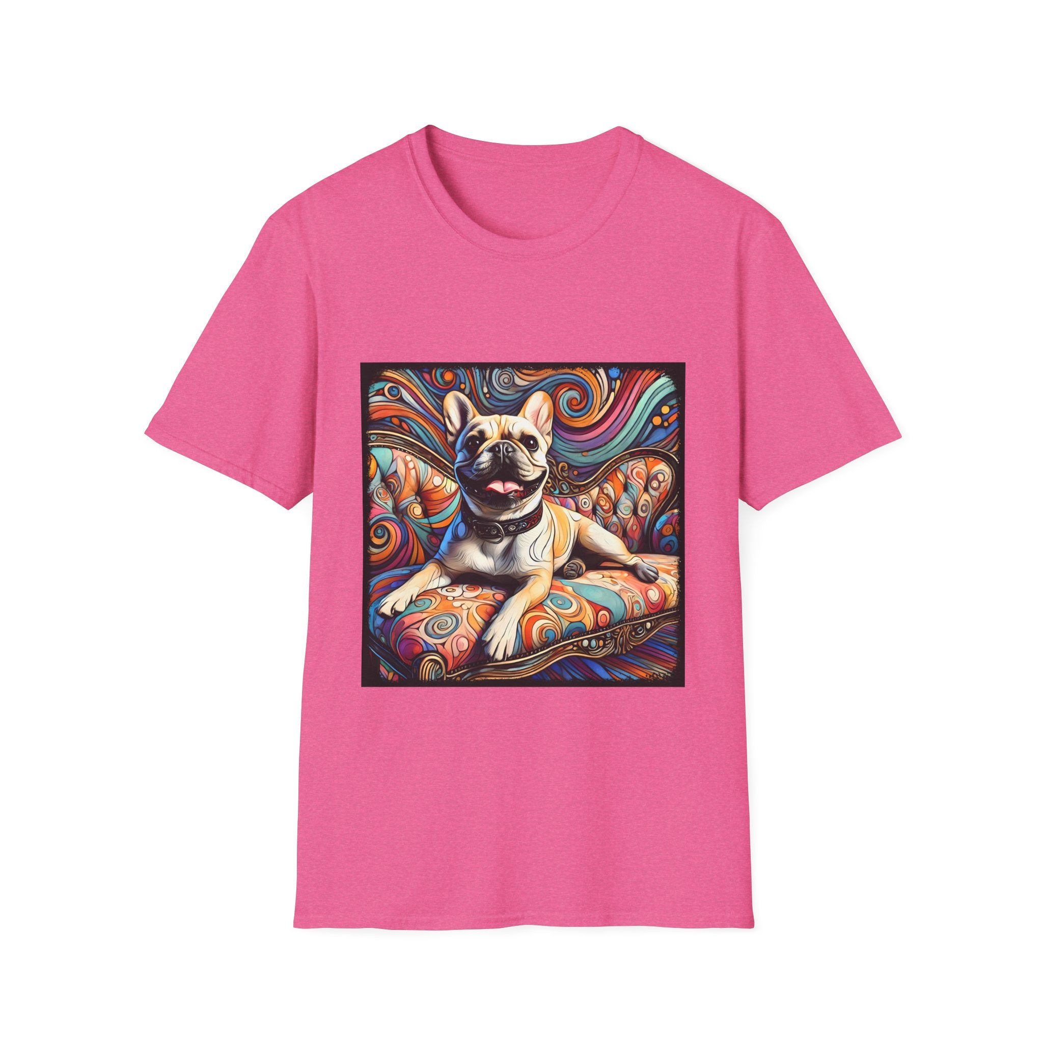 Bright pink dog t-shirt featuring fawn French Bulldog with collar lounging on colorful swirl settee with vivid abstract background.