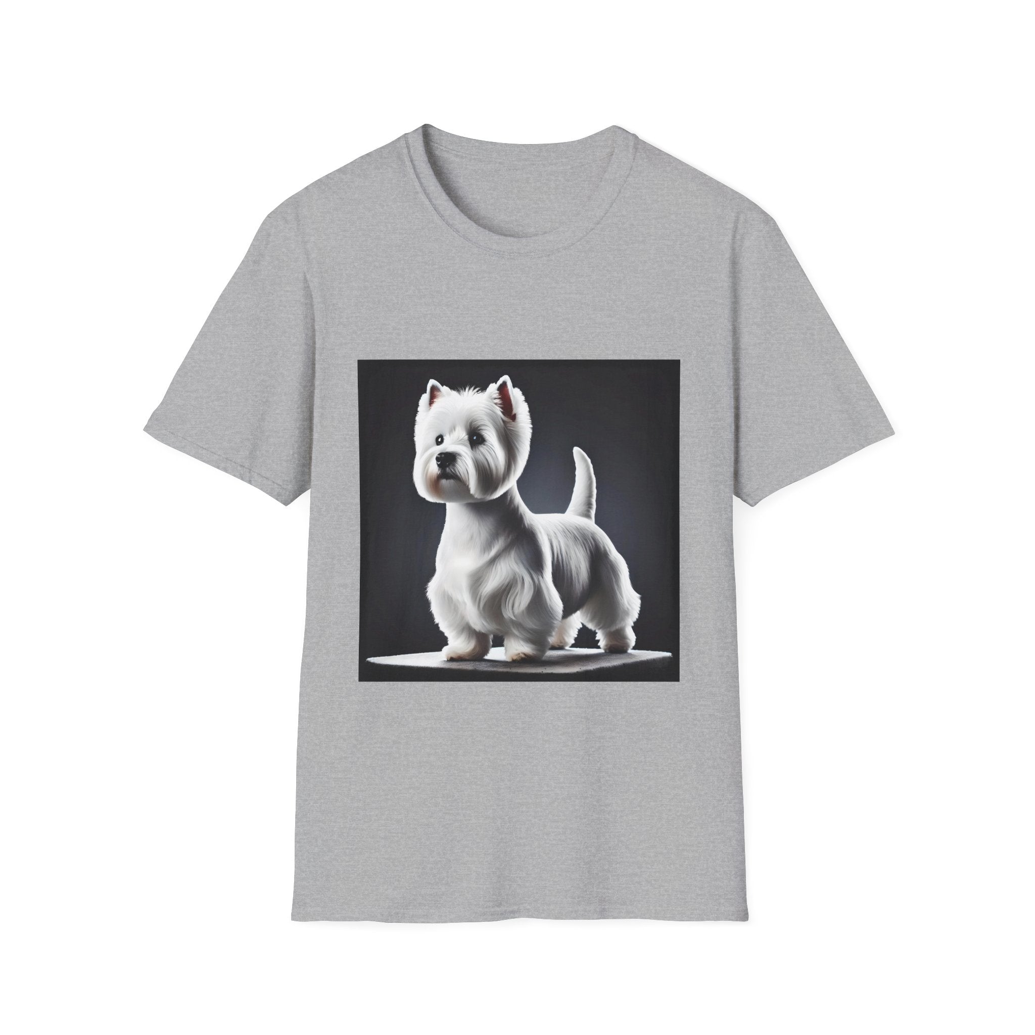 Sport gray dog t-shirt featuring a Westie standing proud on a platform against a dramatic dark backdrop.