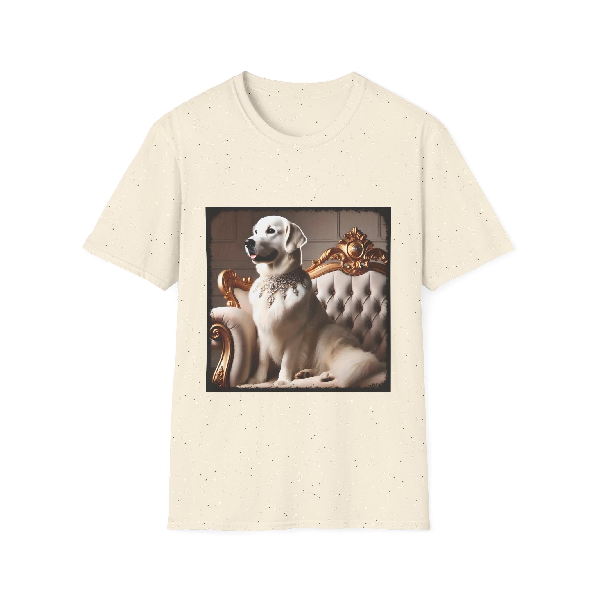 Natural dog t-shirt featuring a white golden retriever in a jeweled collar on a gold-trimmed tufted settee.