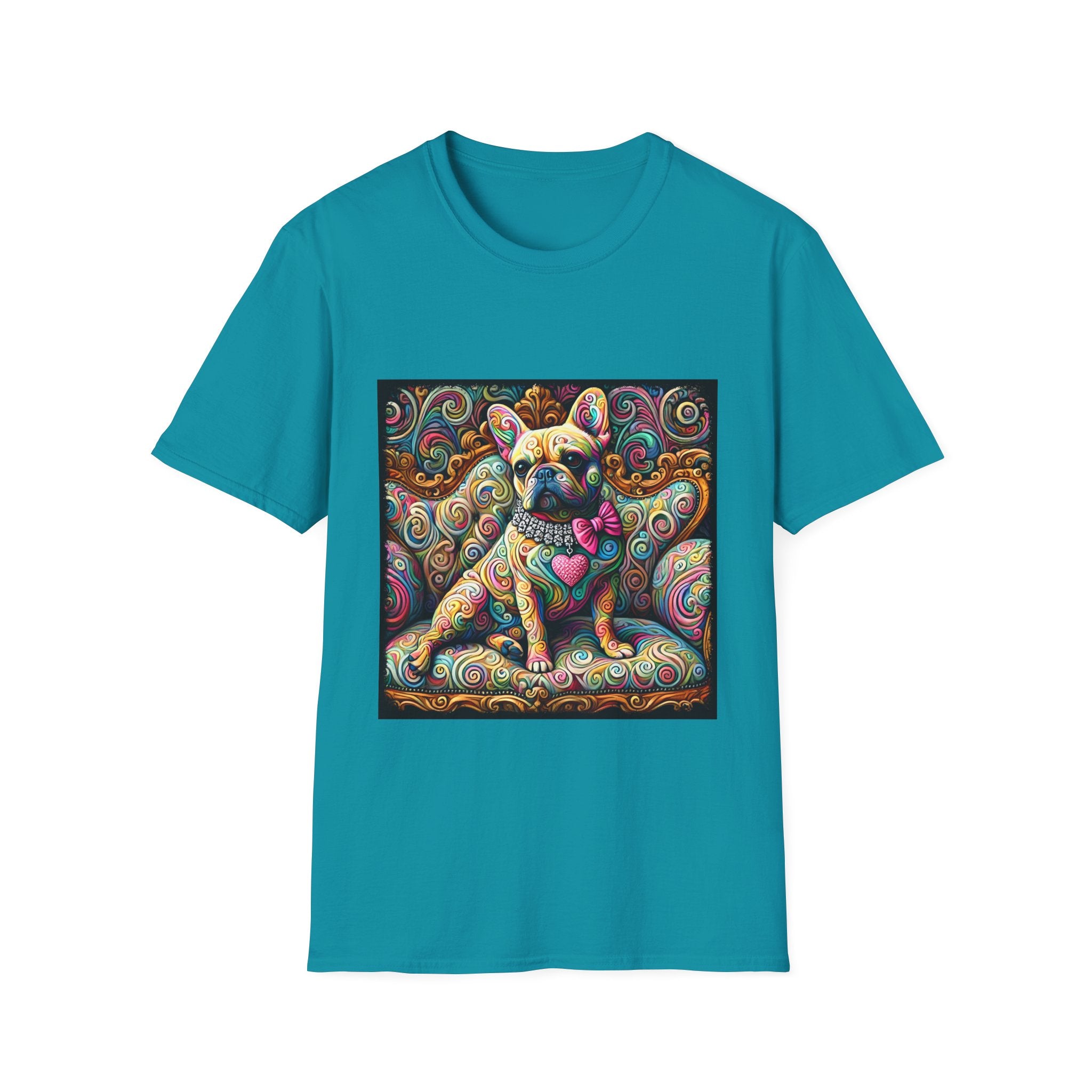 Jade dome dog t-shirt featuring a tan French Bulldog with pink bow and heart on a vivid rainbow swirl couch.