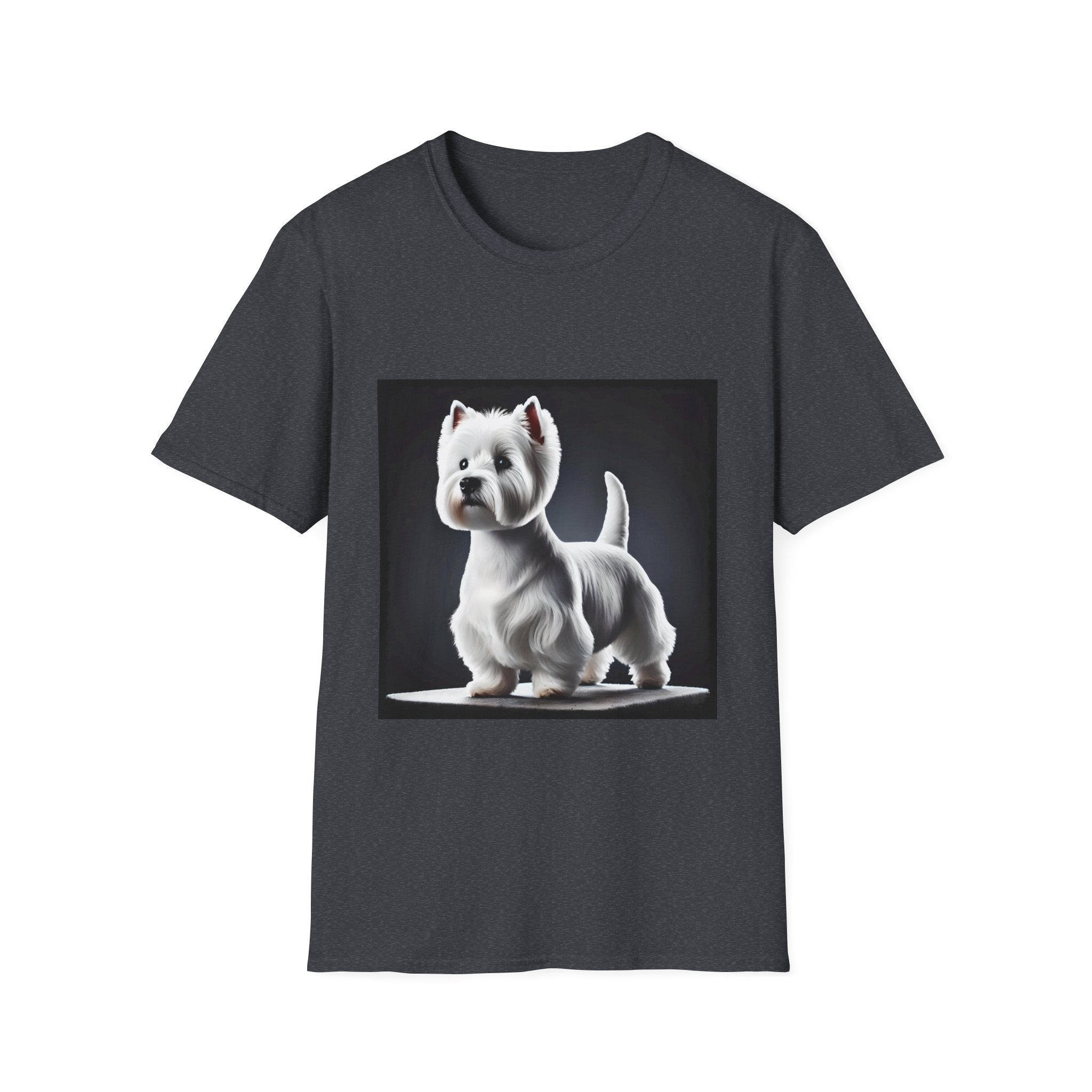 Dark heather gray dog t-shirt featuring a Westie standing proud on a platform against a dramatic dark backdrop.