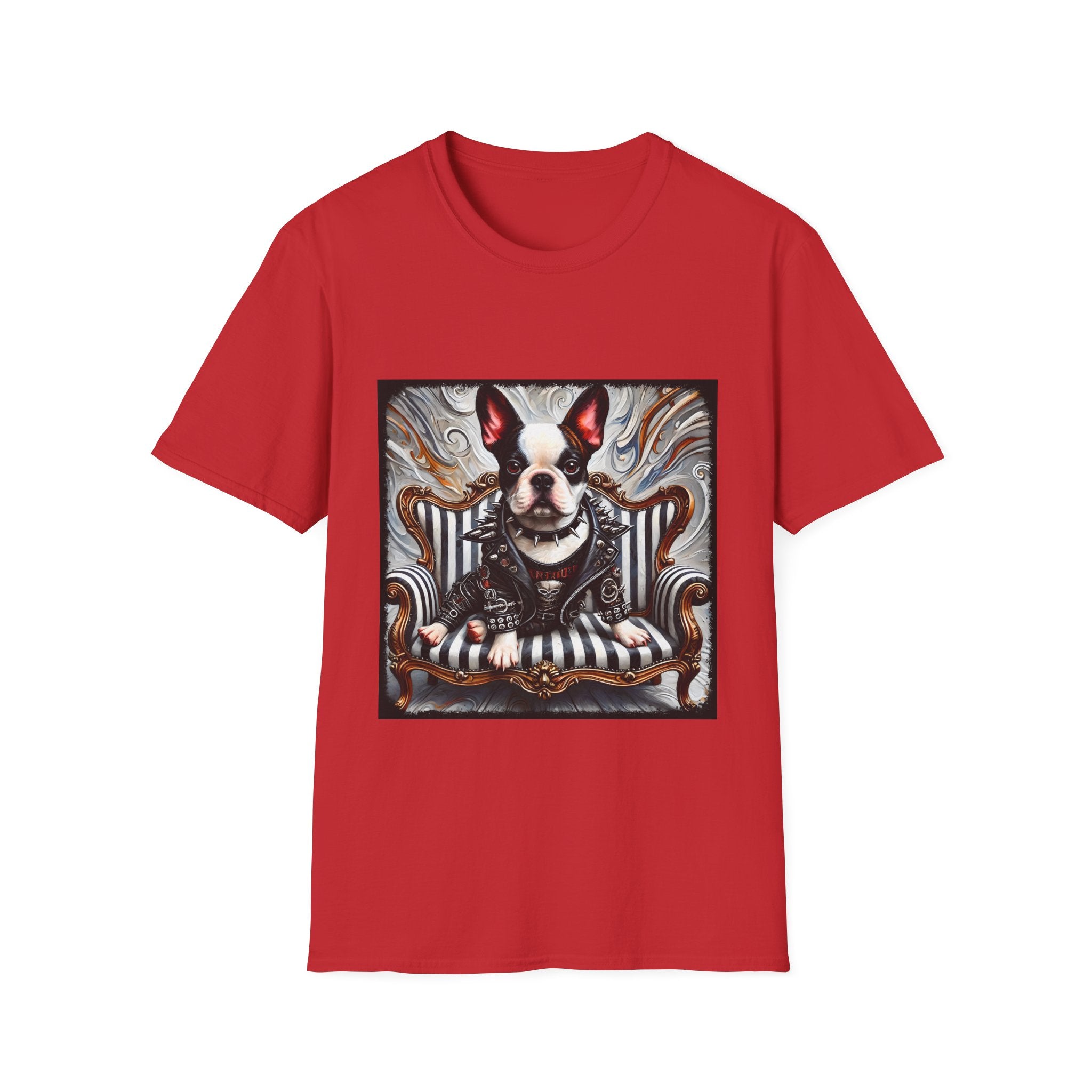 Red dog t-shirt featuring Boston Terrier in leather studded jacket on striped chair with metallic swirl background.