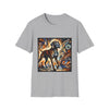Sport gray dog t-shirt featuring a Coonhound with bold brush strokes in orange, blue, black, and cream.