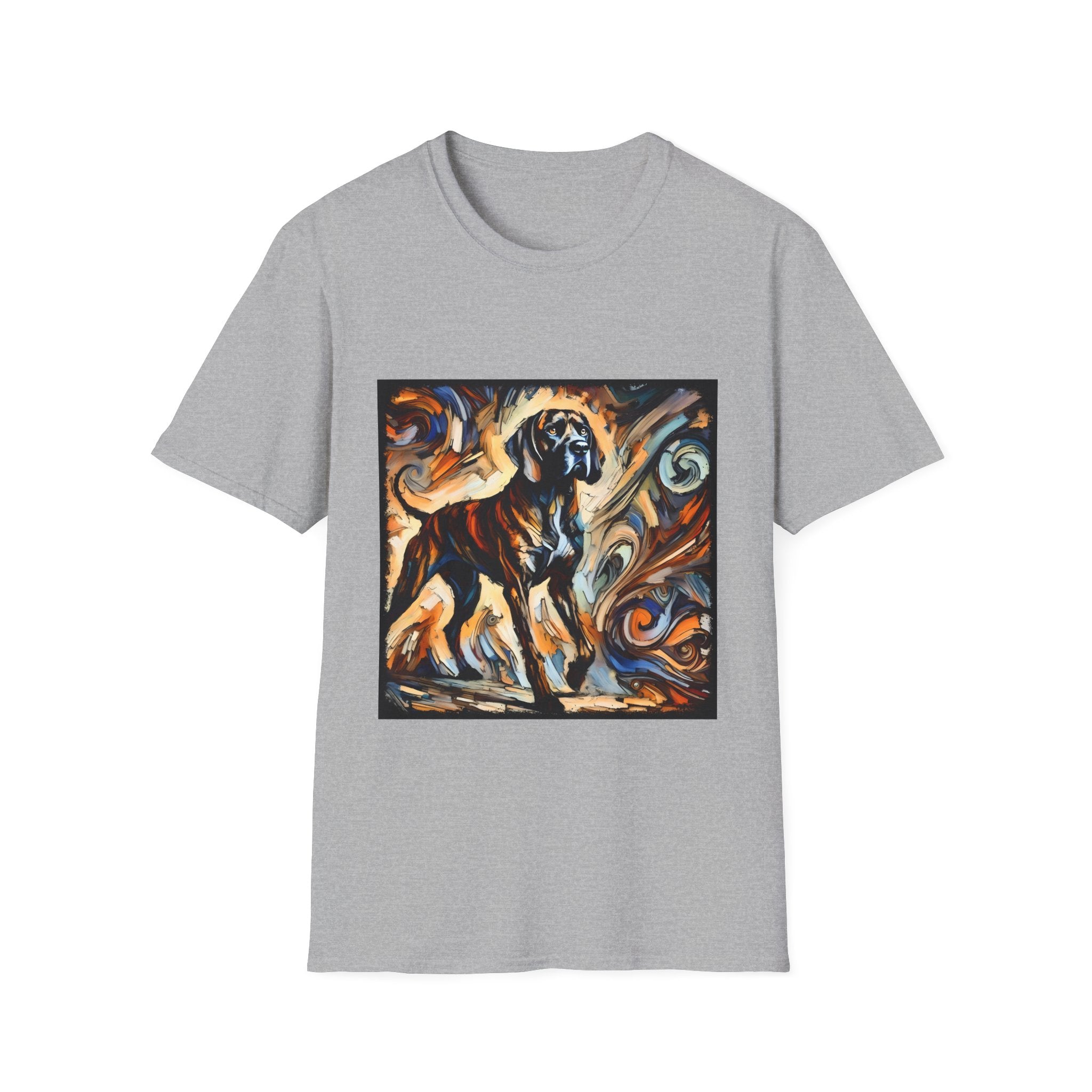 Sport gray dog t-shirt featuring a Coonhound with bold brush strokes in orange, blue, black, and cream.