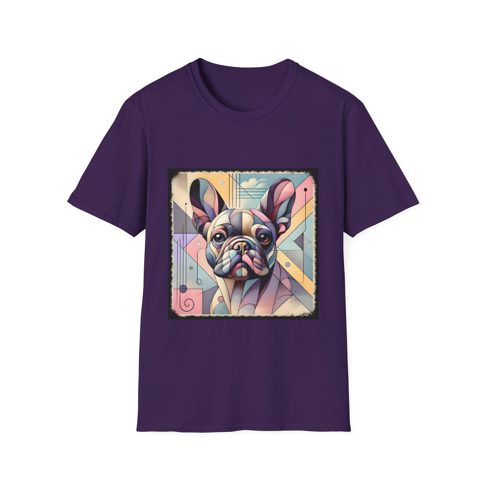 Purple shirt with Cubism-style French Bulldog design in soft pastel colors and abstract shapes.