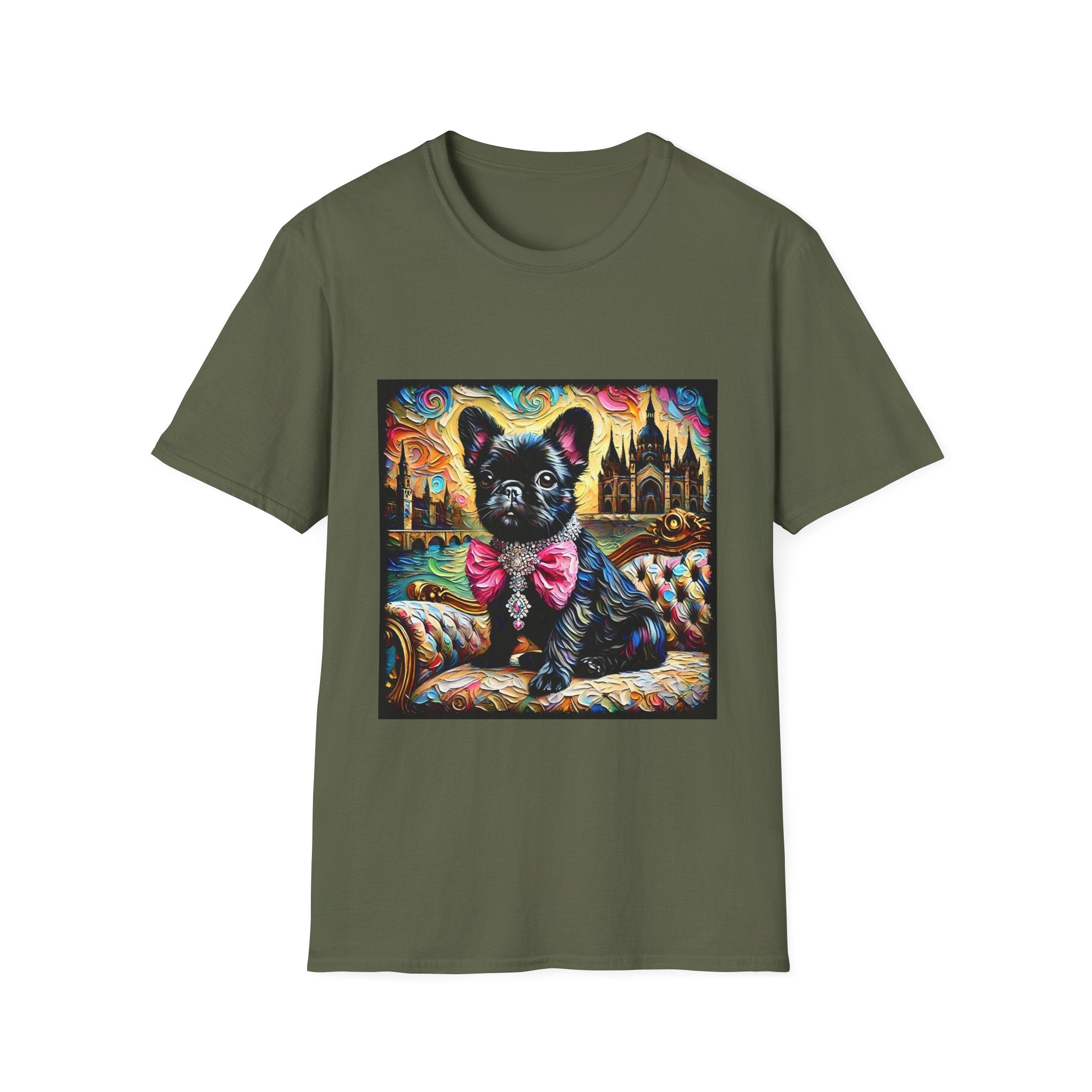 Military green dog t-shirt featuring black French Bulldog with jeweled pink bow, sitting on patterned settee, vivid castle swirl background.