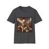 Dark heather dog t-shirt featuring golden retriever in royal collar on ornate settee in gothic hall.