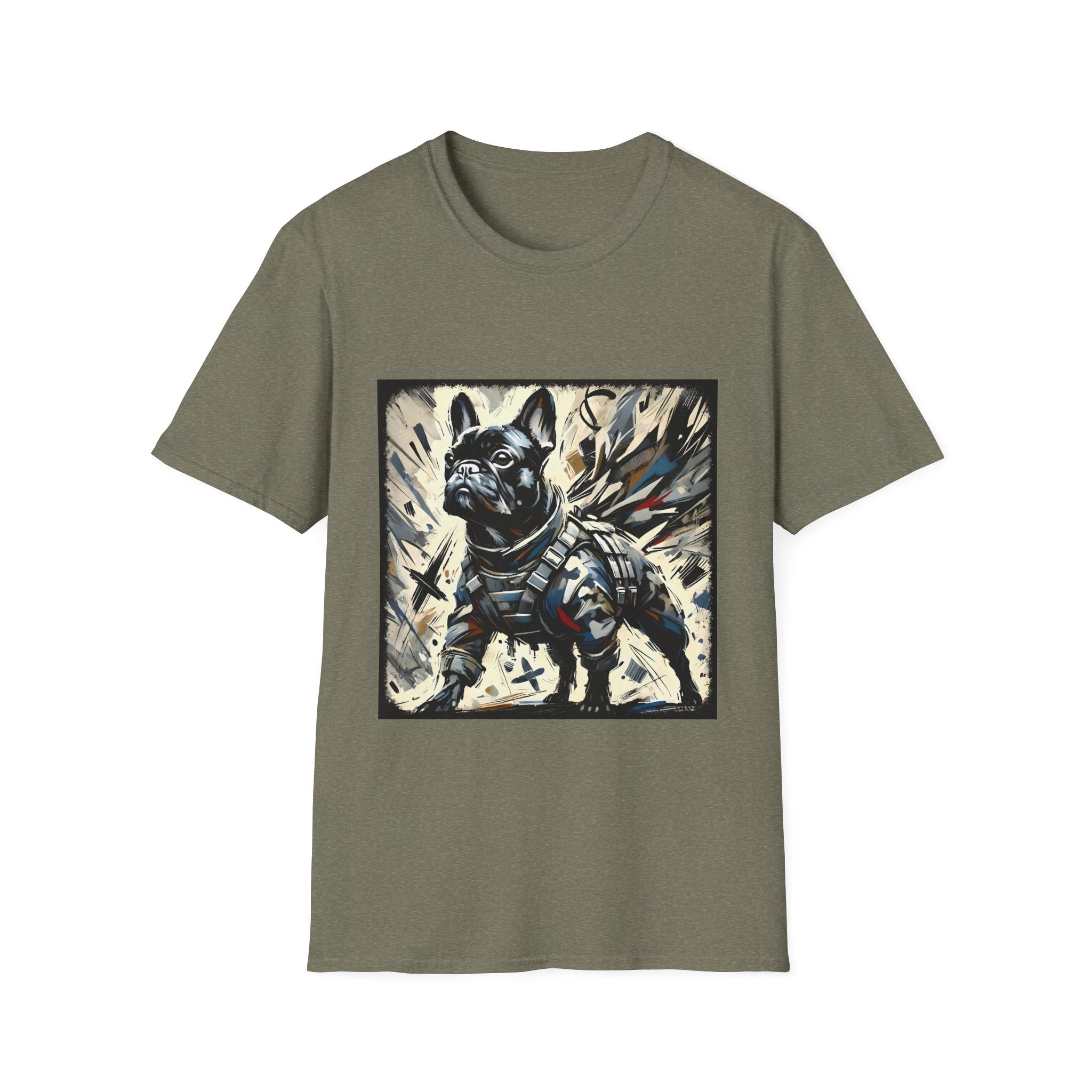 Heather military green dog t-shirt featuring heroic black French Bulldog in battle armor, set against abstract explosive strokes.
