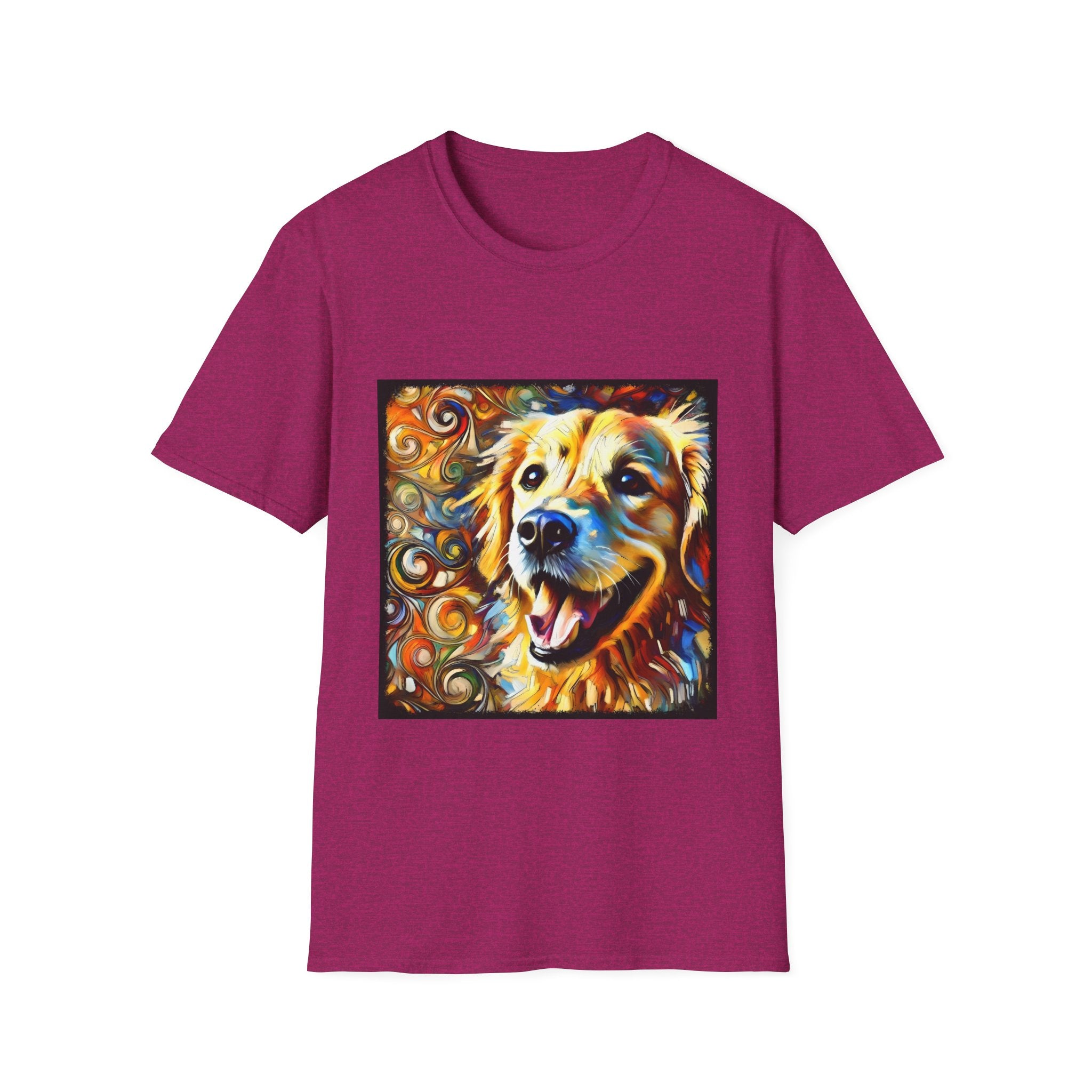 Heather raspberry dog t-shirt featuring smiling golden retriever portrait with bold swirls in orange, gold, and blue.