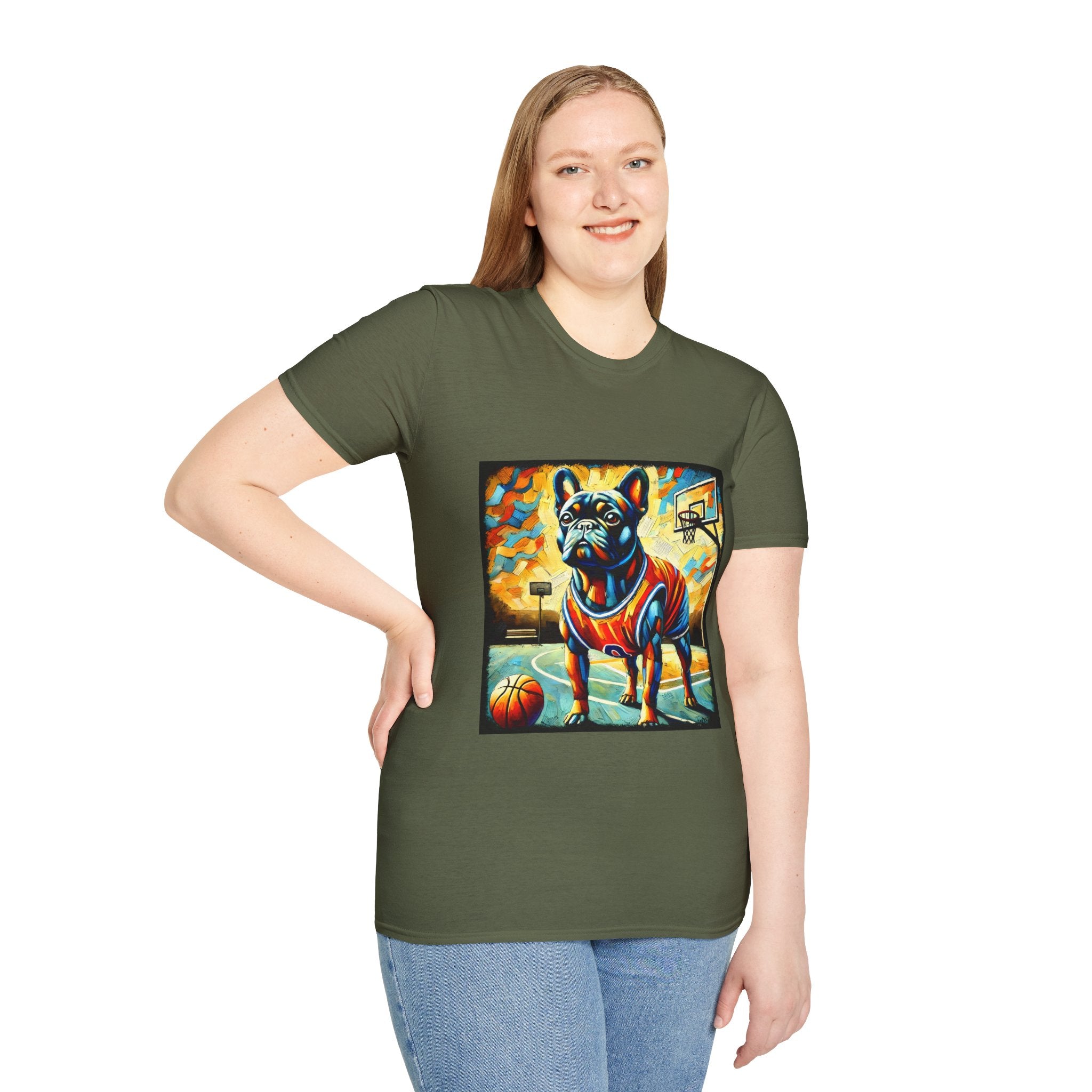 Female model in military green dog t-shirt featuring French Bulldog in red jersey on basketball court, expressionism style.
