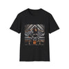 Black dog t-shirt featuring coonhound in edgy black bomber jacket with fur cuffs, seated on a tufted leather settee.