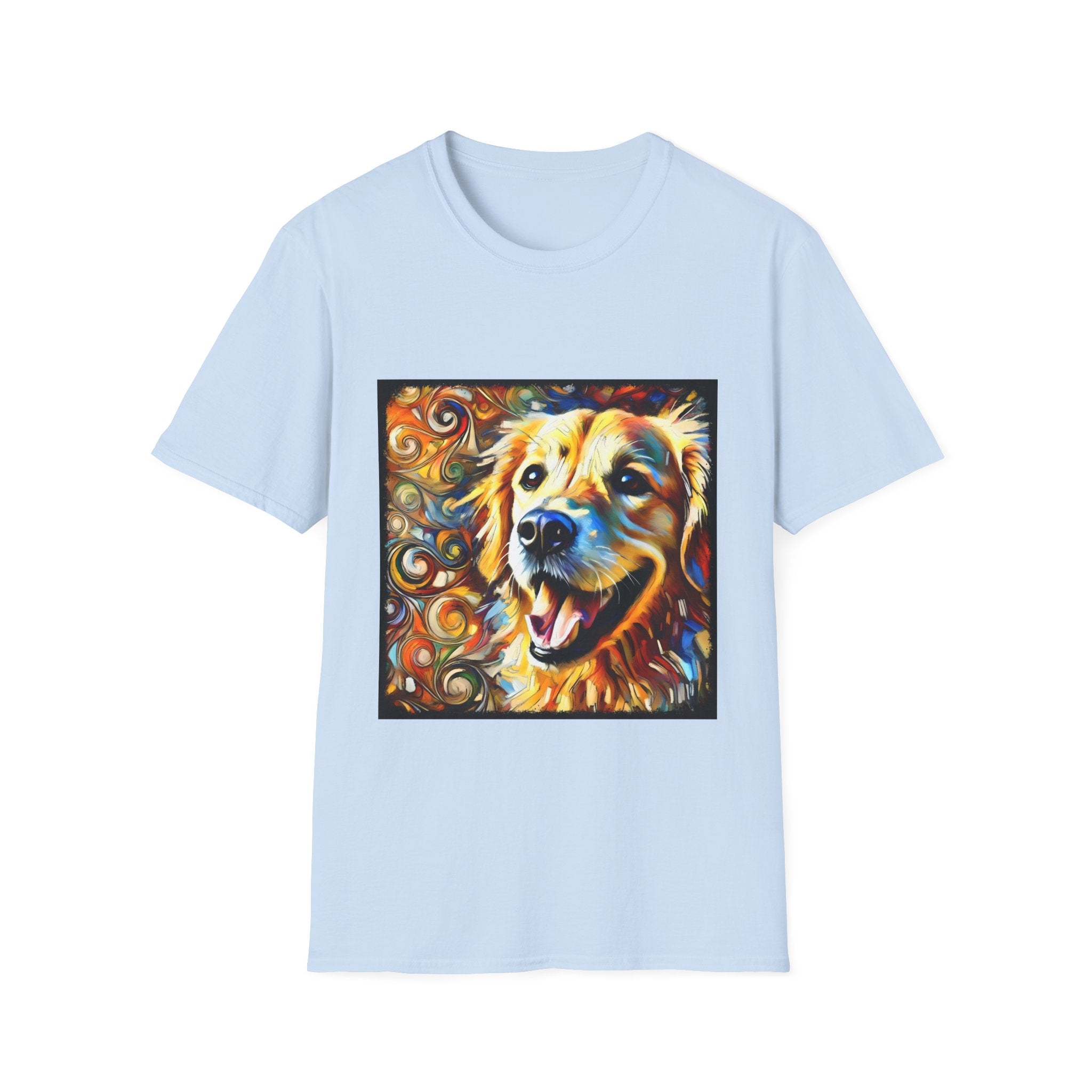 Light blue dog t-shirt featuring smiling golden retriever portrait with bold swirls in orange, gold, and blue.