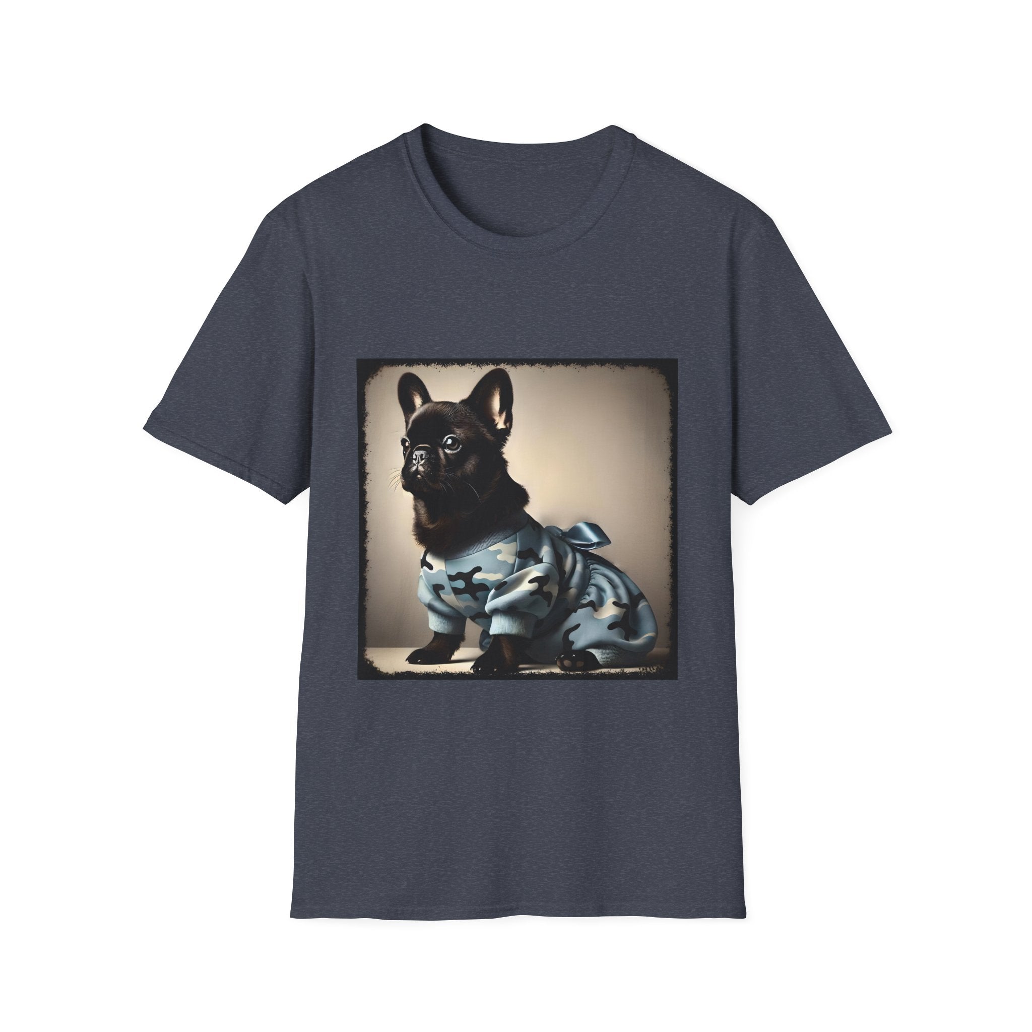 Heather navy dog t-shirt featuring black French Bulldog in blue camo outfit with bow, set in soft vintage portrait.