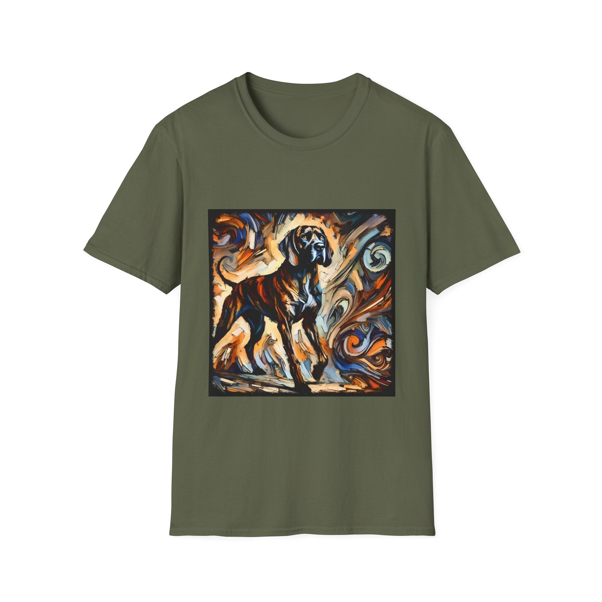 Military green dog t-shirt featuring a Coonhound with bold brush strokes in orange, blue, black, and cream.