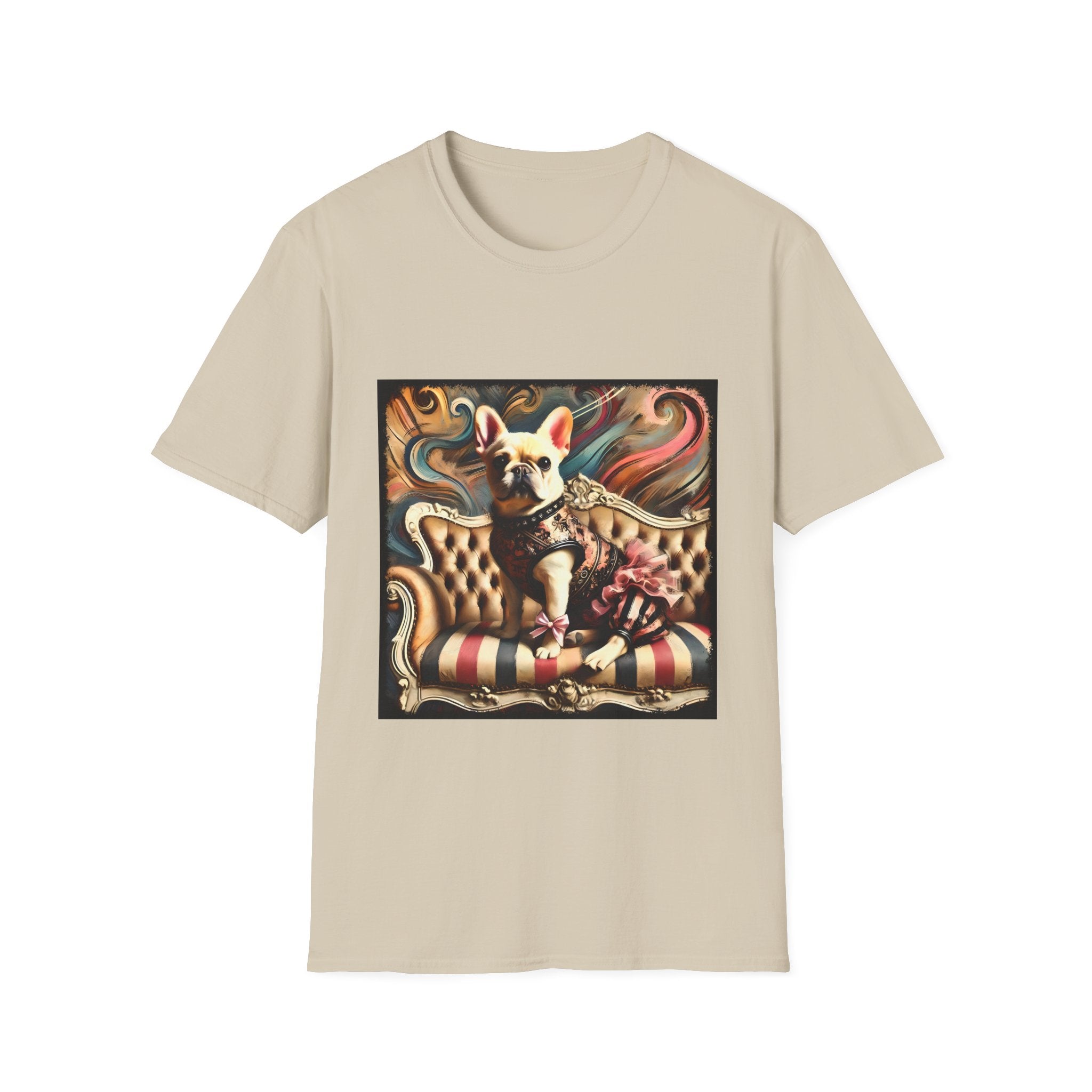 Beige dog t-shirt featuring cream French Bulldog in floral vest and pink bow on striped settee with swirl background.