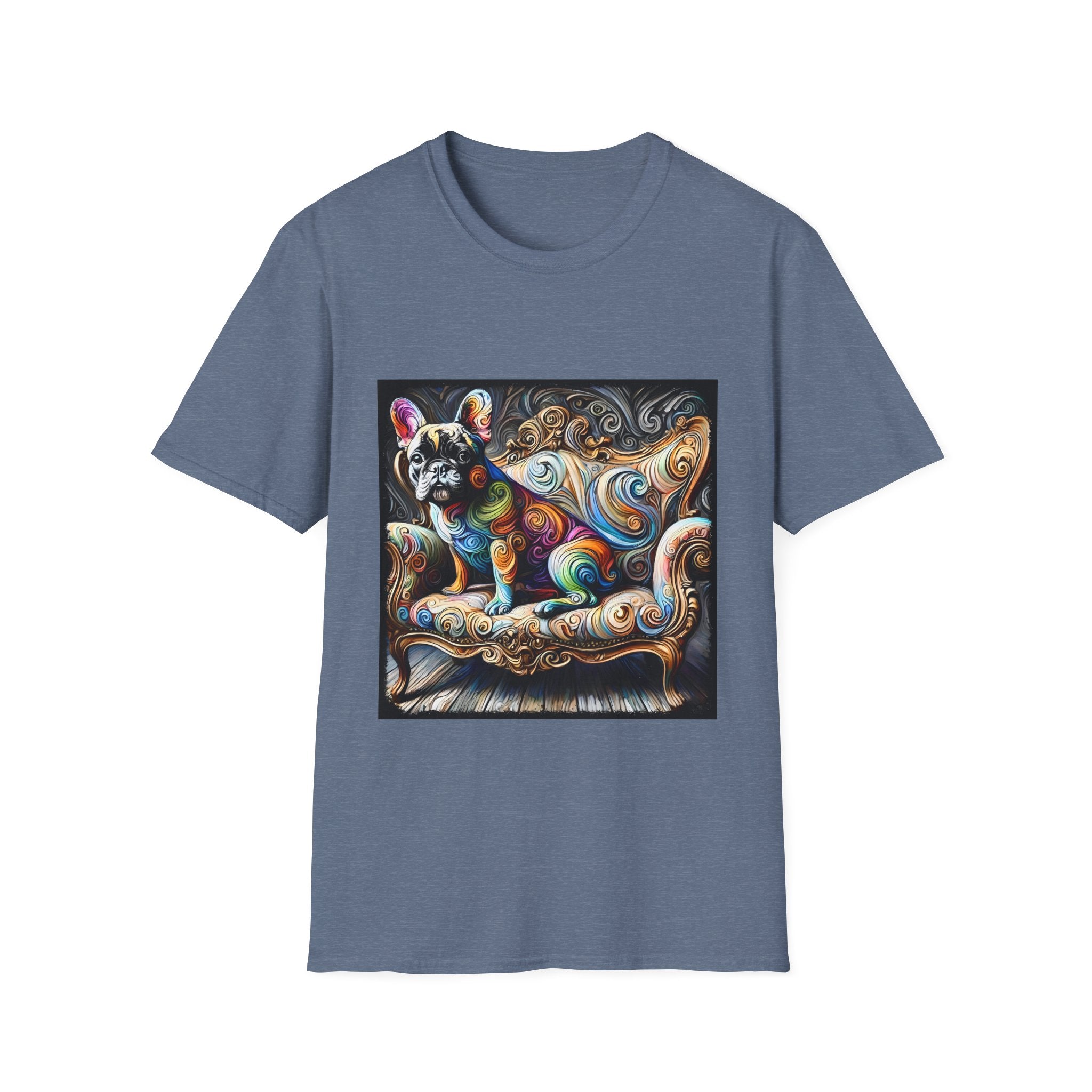 Denim blue t-shirt featuring rainbow French Bulldog on golden settee with swirl pattern, expressionism style.