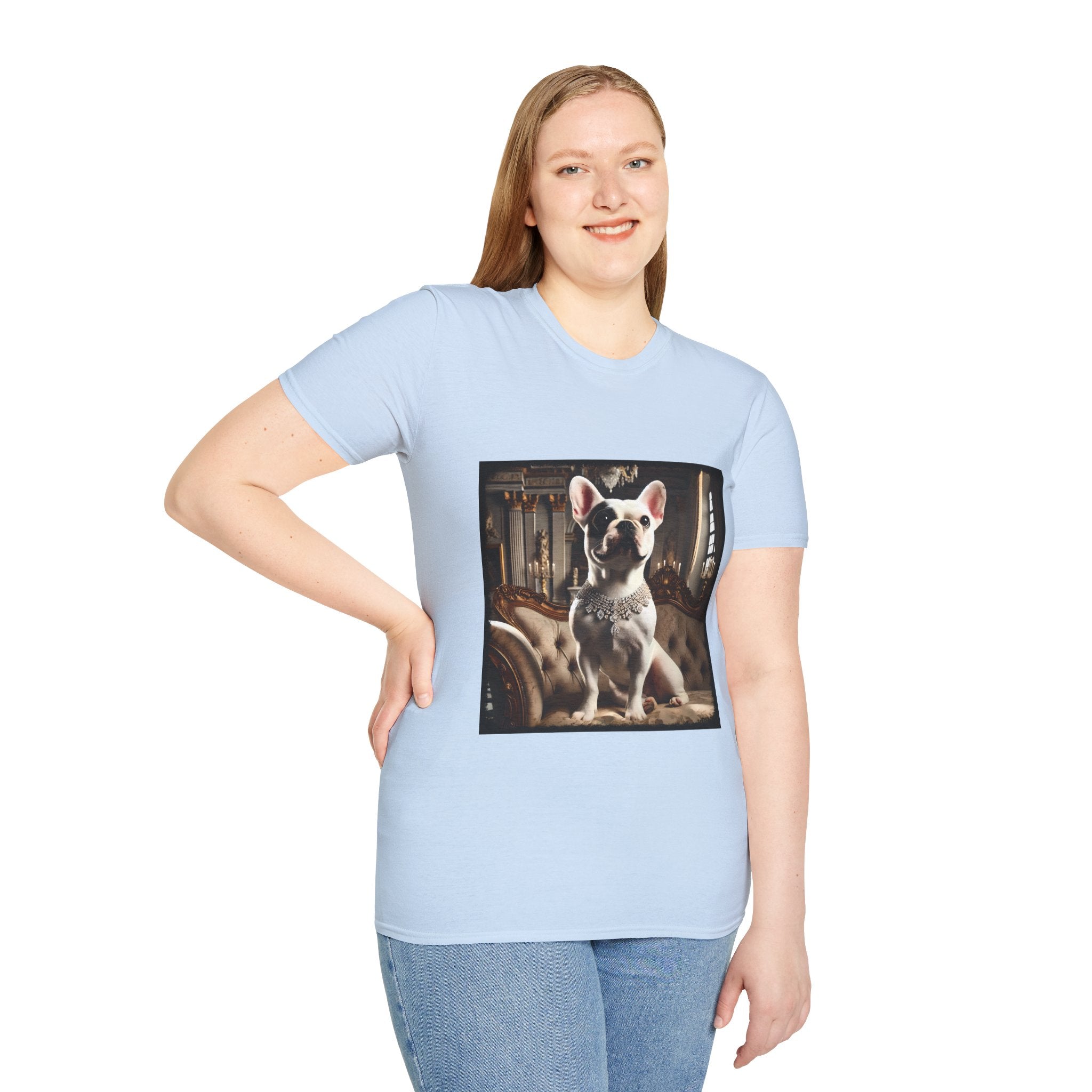 Female model in light blue dog t-shirt featuring white French Bulldog in jeweled necklace on tufted settee in elegant palace setting.