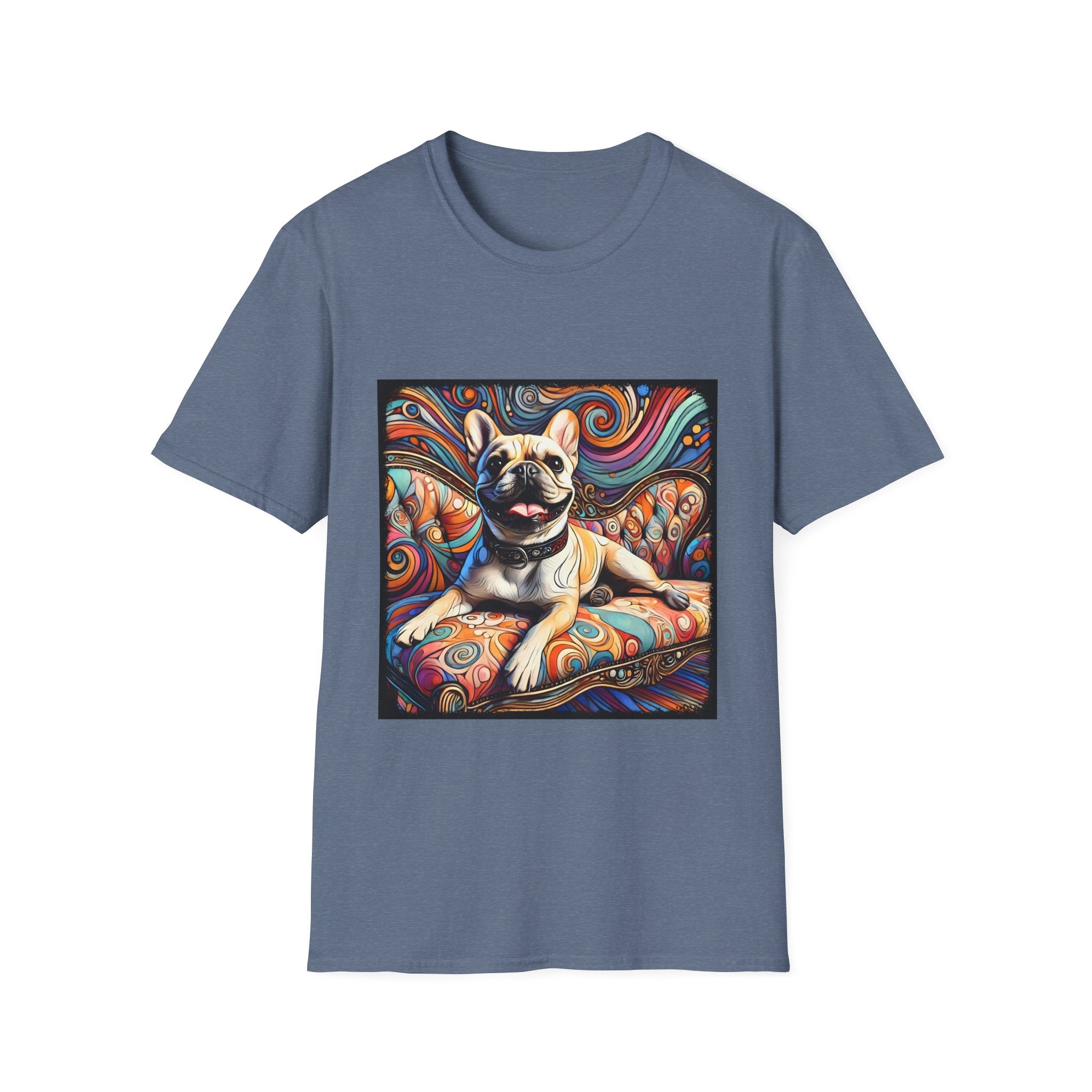 Denim blue dog t-shirt featuring fawn French Bulldog with collar lounging on colorful swirl settee with vivid abstract background.