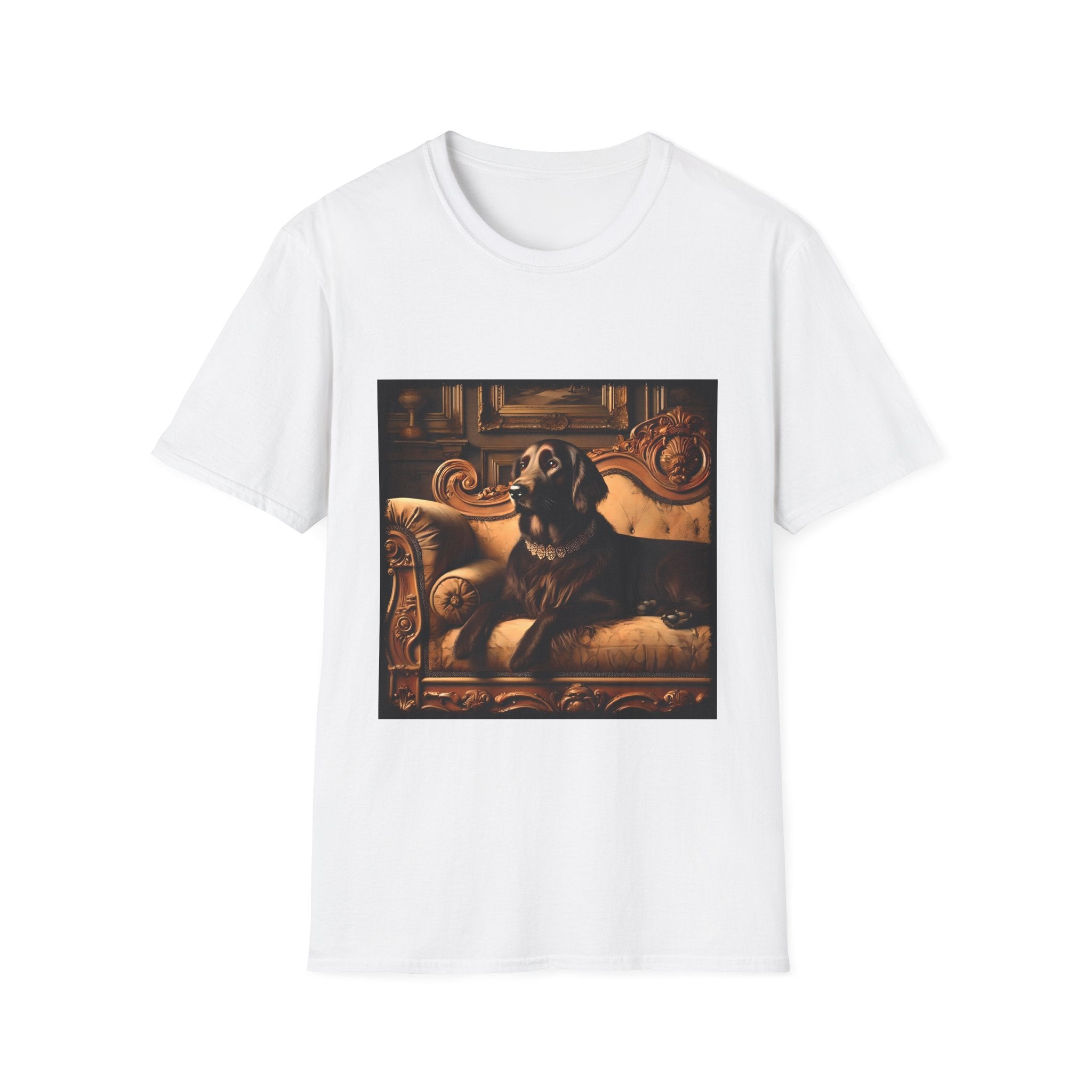 White dog t-shirt featuring chocolate golden retriever on gold settee, jeweled collar in regal backdrop.