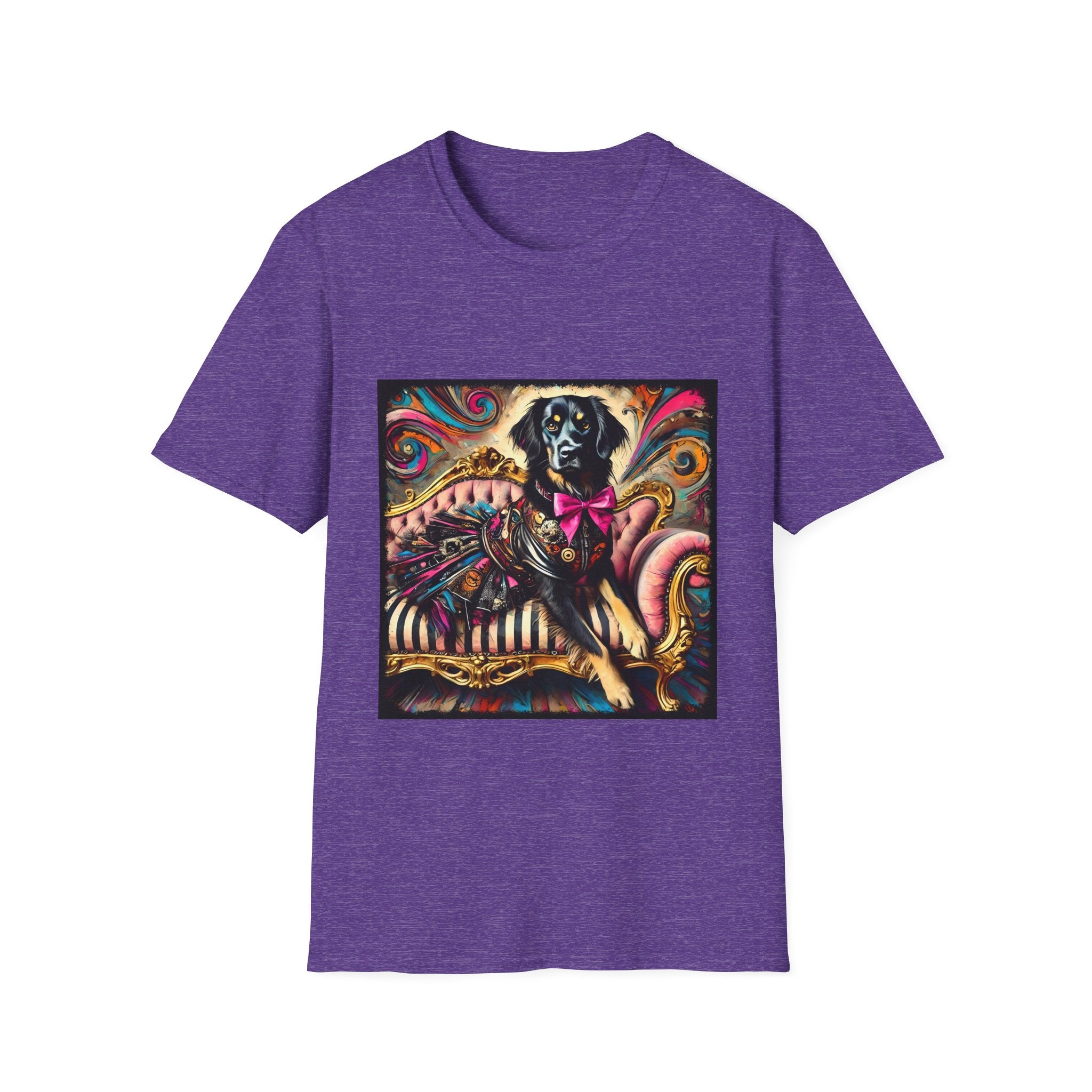 Heather purple dog t-shirt with black retriever in edgy outfit and pink bow on striped settee, swirl backdrop.