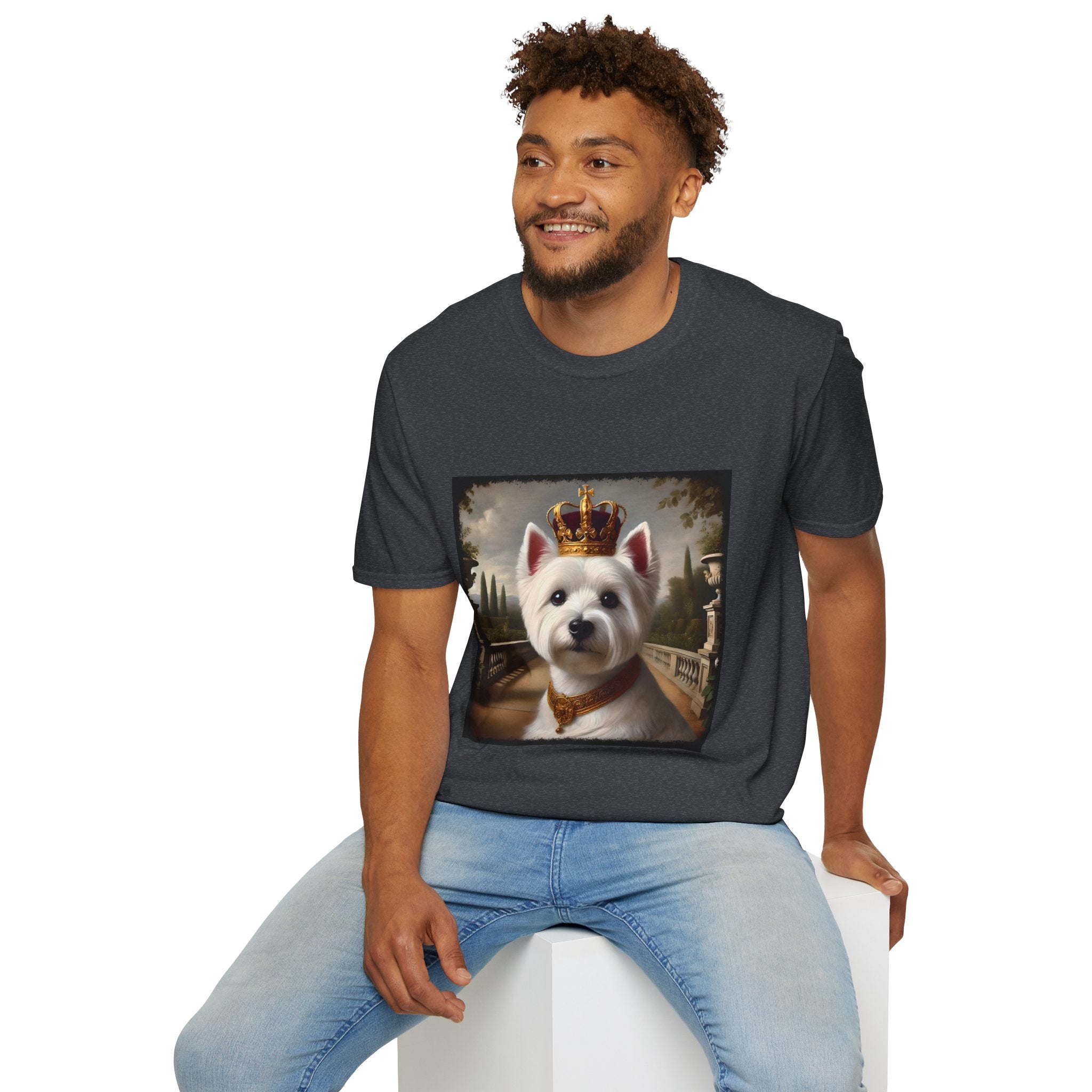 Male model in dark heather gray dog t-shirt featuring regal Westie in gold crown and collar on palace terrace background.