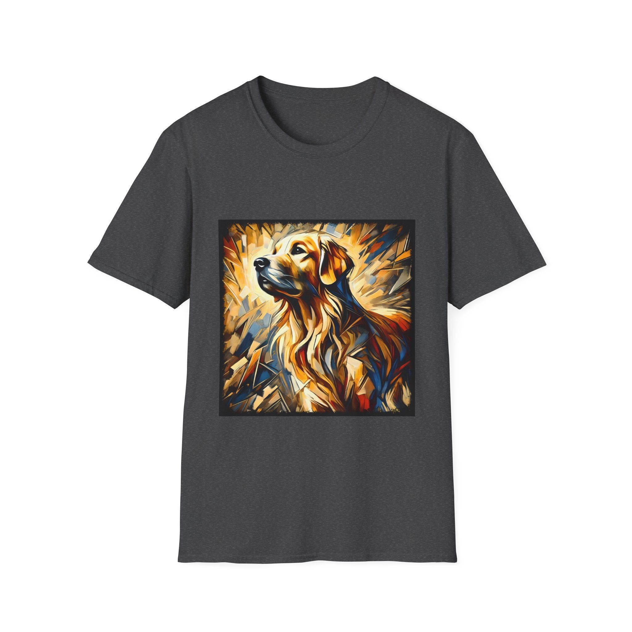 Dark heather dog t-shirt featuring golden retriever portrait with fiery gold, blue, and amber abstract swirls.